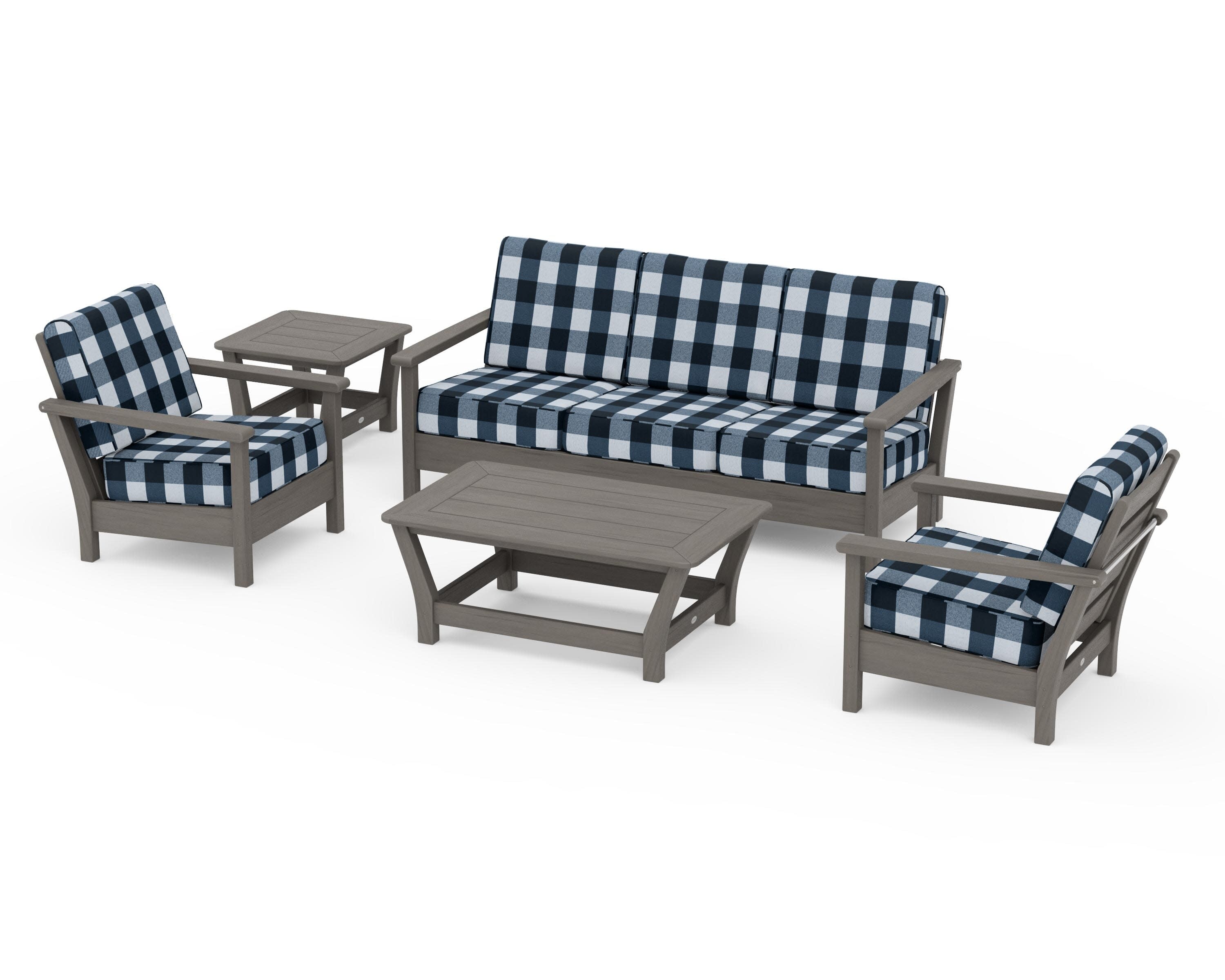 Harbour 5-Piece Deep Seating Set in Driftwood / Buffalo Plaid Marine Indigo