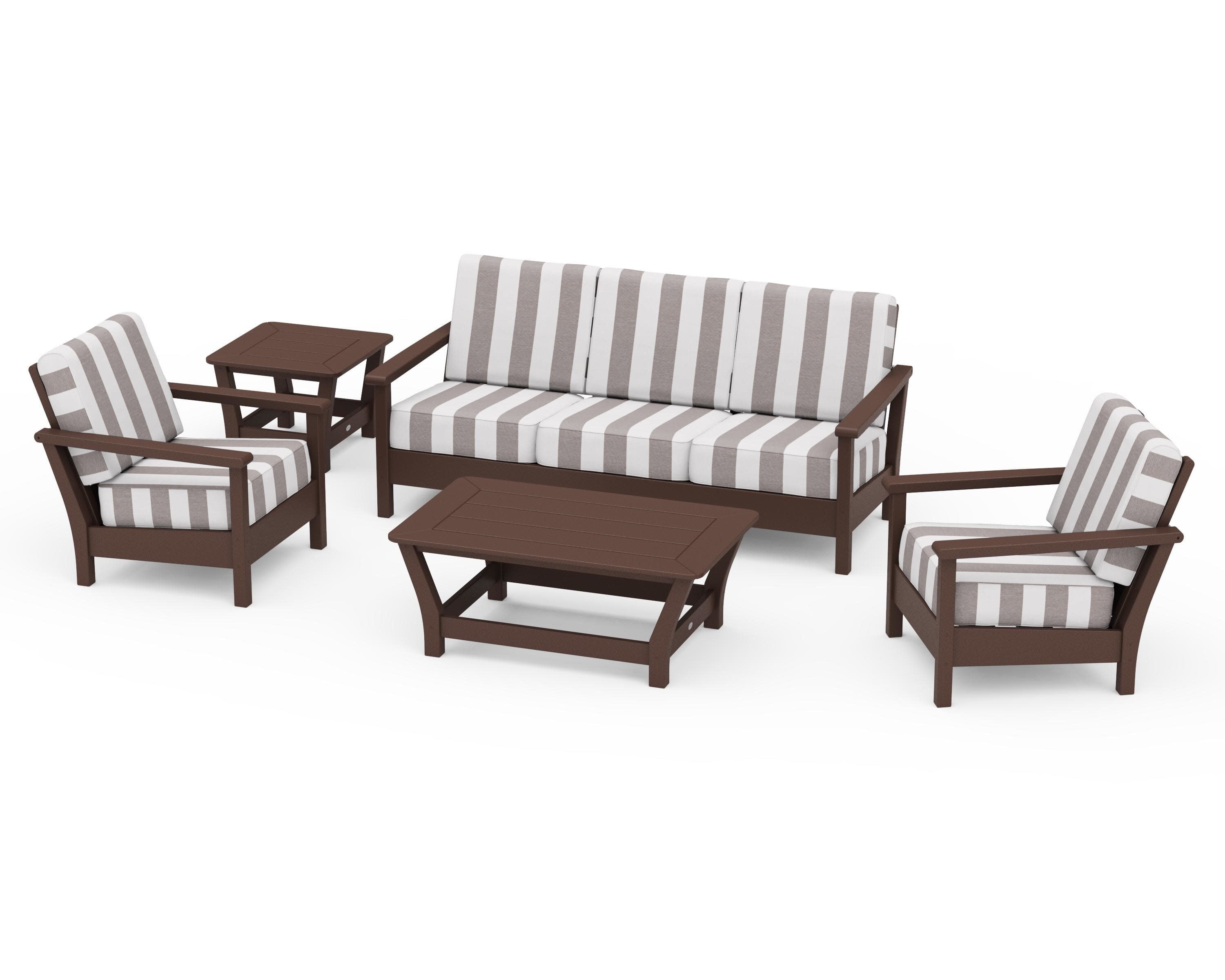 Harbour 5-Piece Deep Seating Set in Mahogany / Cabana Stripe Grey Mist