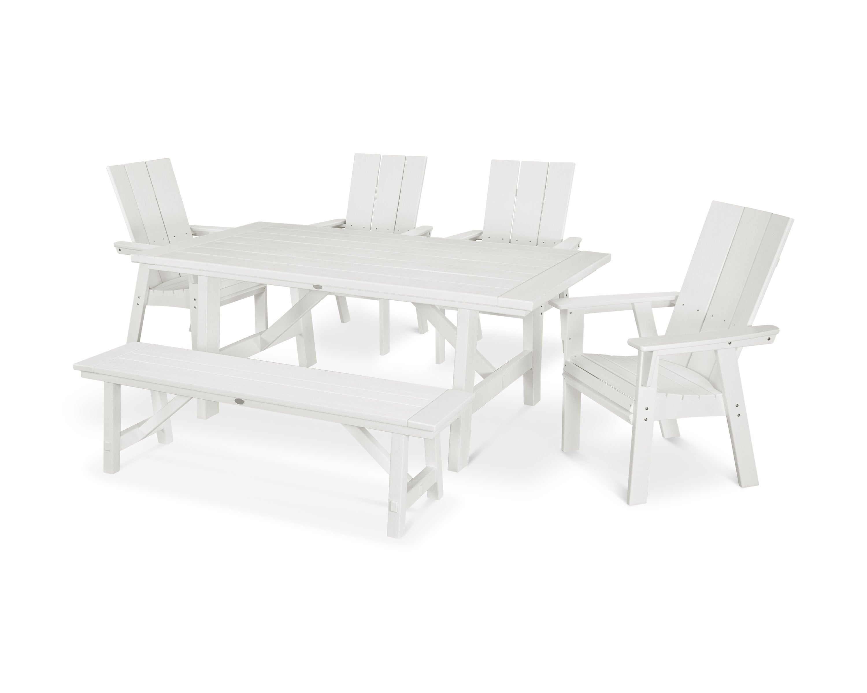 Modern Curveback Adirondack 6-Piece Rustic Farmhouse Dining Set with Bench in Vintage White