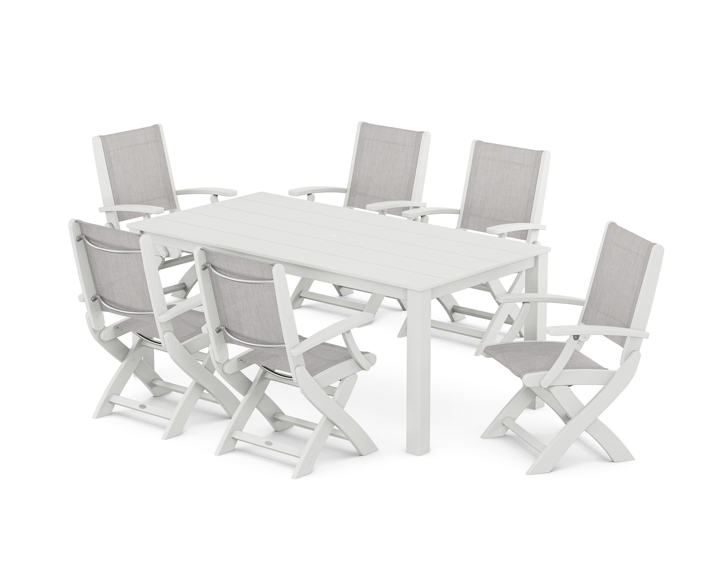 Coastal Folding Chair 7-Piece Parsons Dining Set in White / Parchment Sling