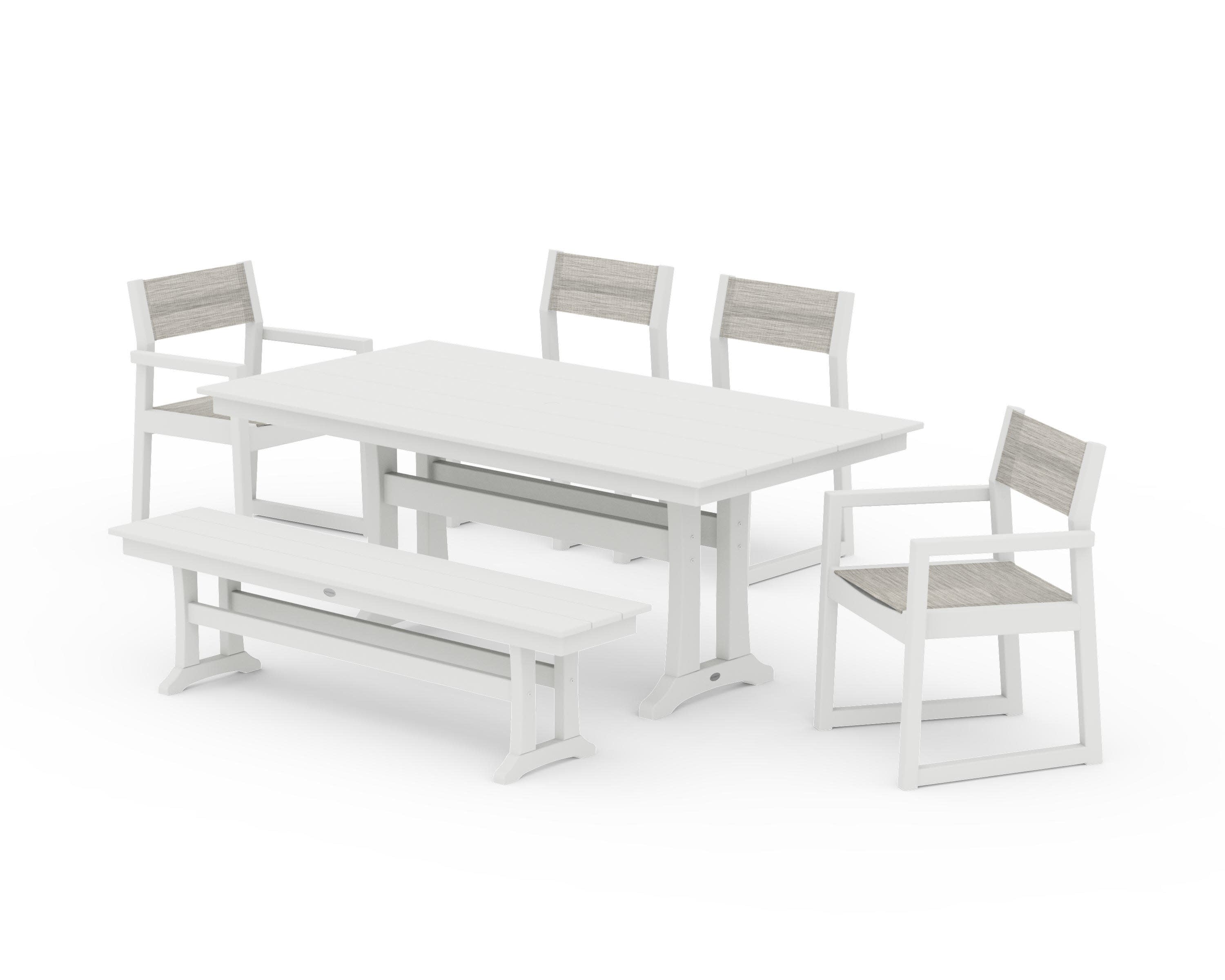 EDGE Sling 6-Piece Farmhouse Dining Set With Trestle Legs in Vintage White / Birch Sling