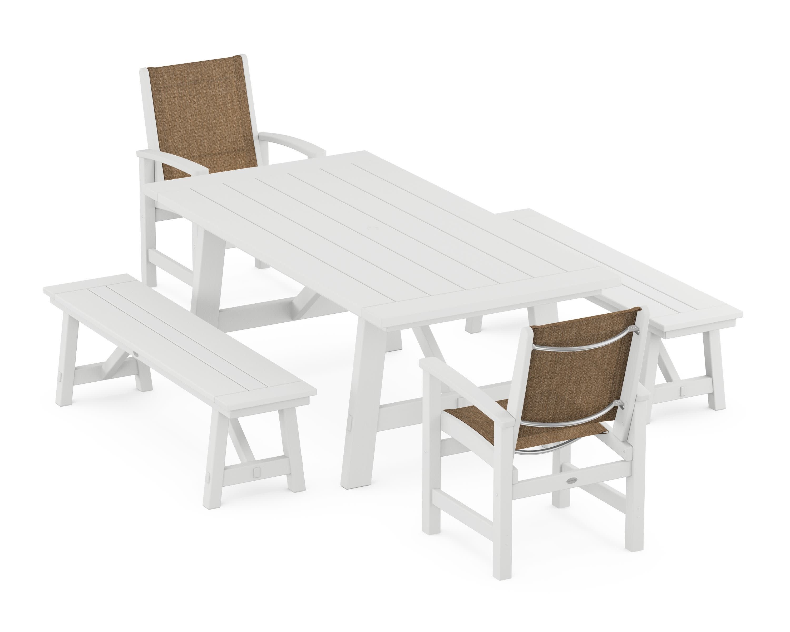 Coastal 5-Piece Rustic Farmhouse Dining Set With Benches in White / Burlap Sling
