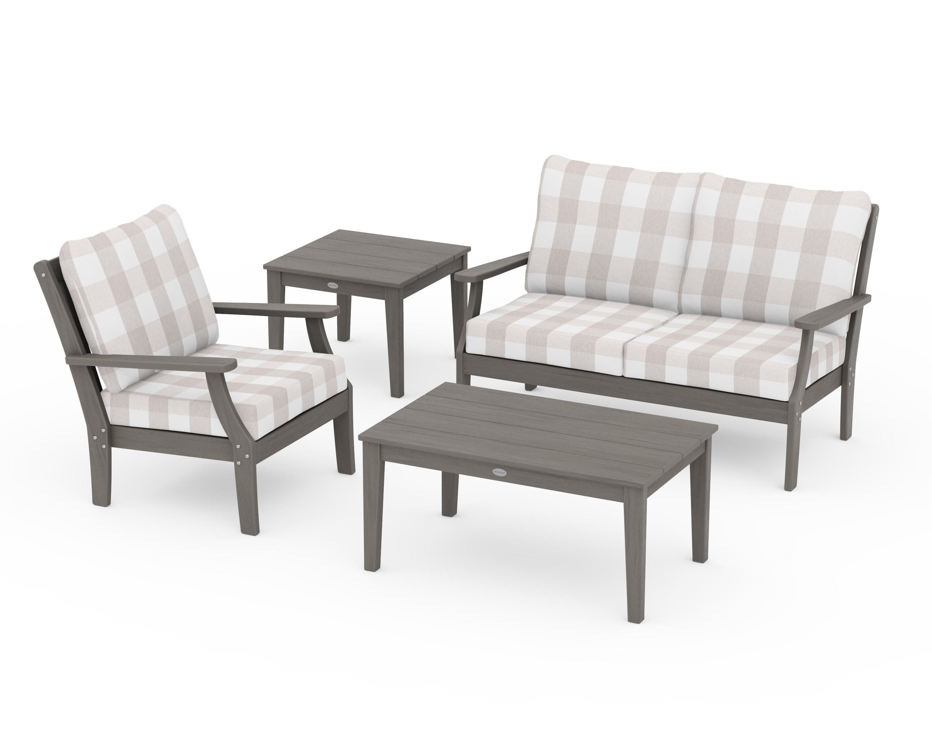 Braxton 4-Piece Deep Seating Set in Driftwood / Buffalo Plaid Dune Burlap
