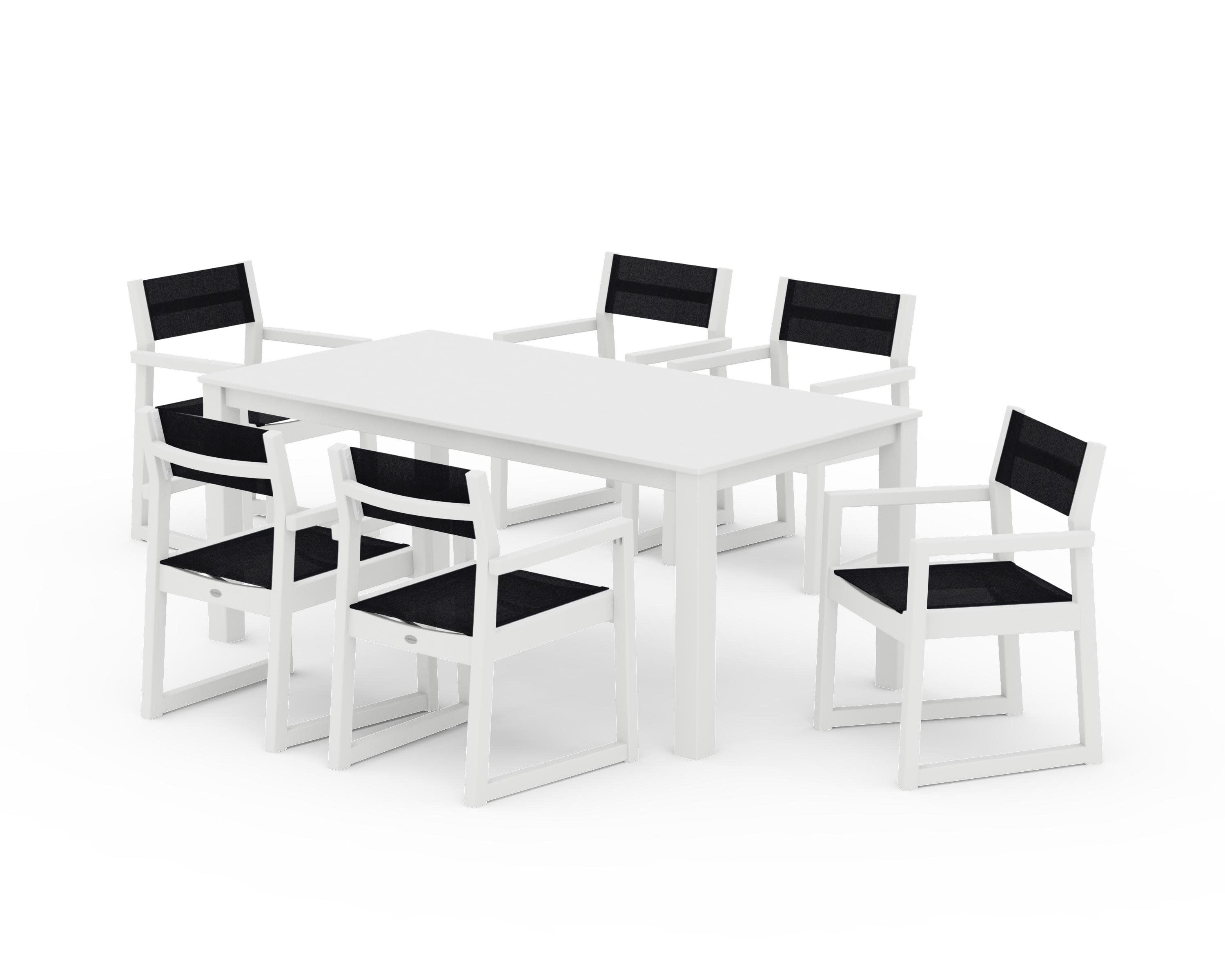 EDGE Sling Arm Chair 7-Piece Parsons Dining Set in White / Black Sling