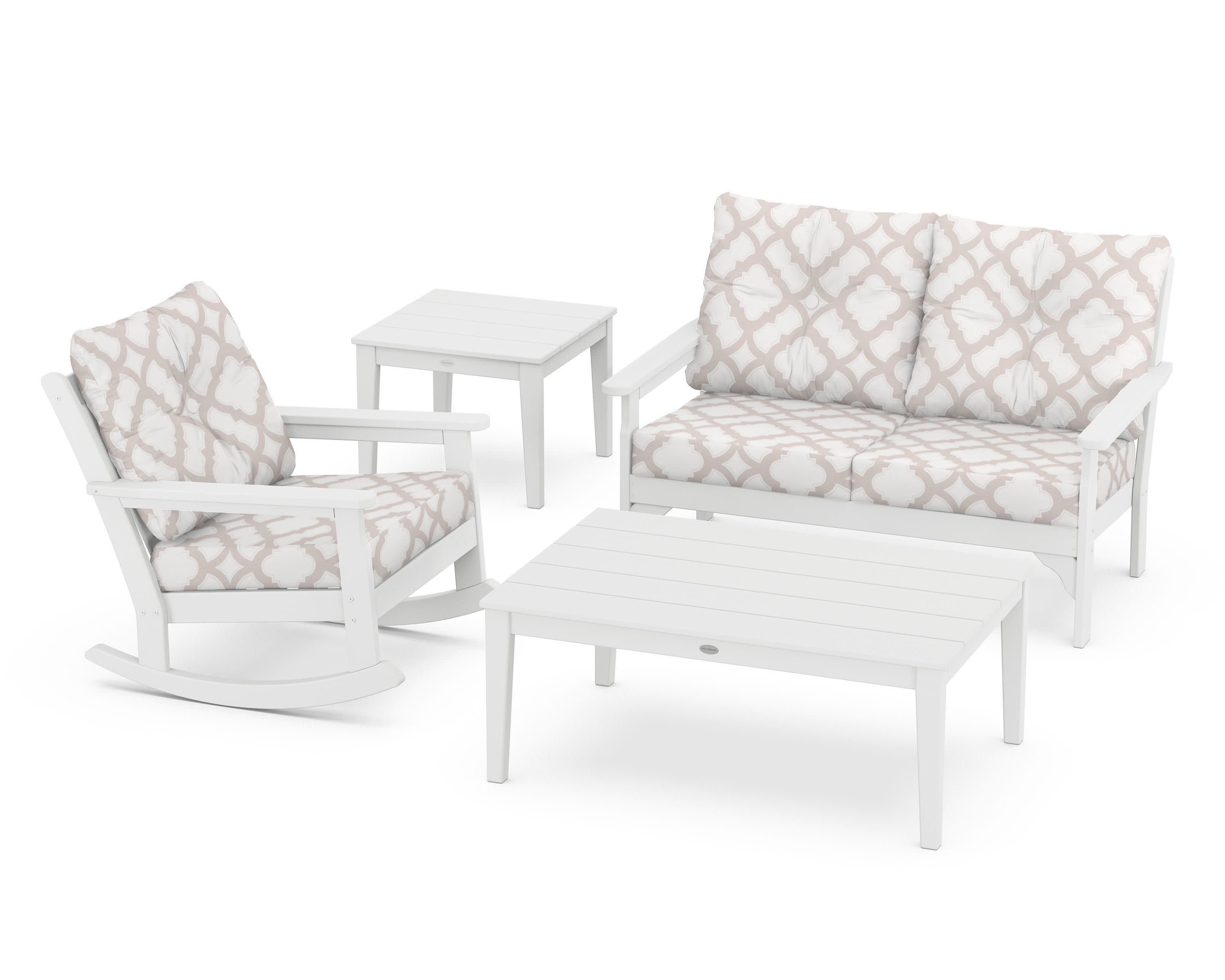 Vineyard 4-Piece Deep Seating Rocker Set in White / Trellis Dune Burlap