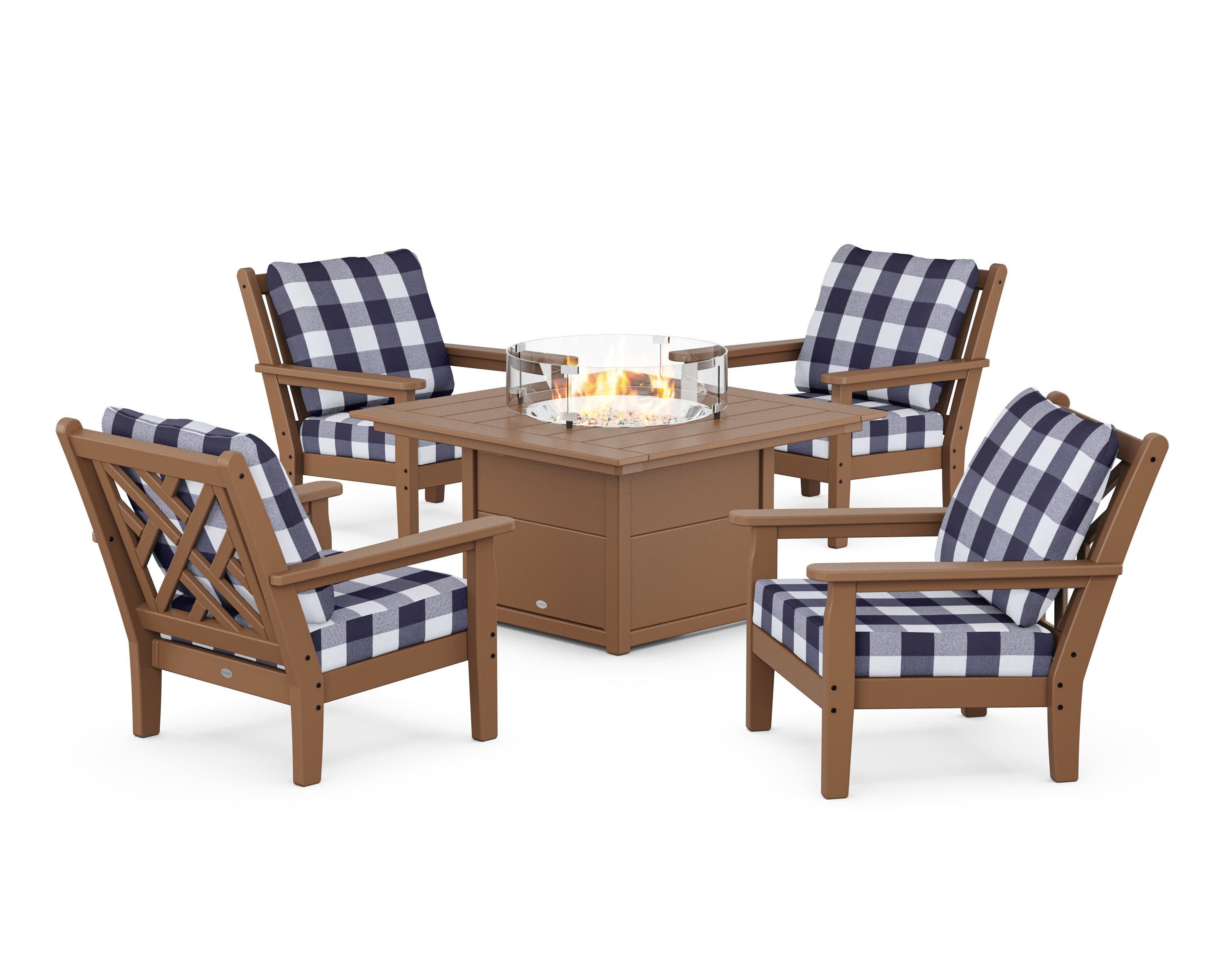 Chippendale 5-Piece Deep Seating Set with Fire Pit Table in Teak / Buffalo Plaid Navy