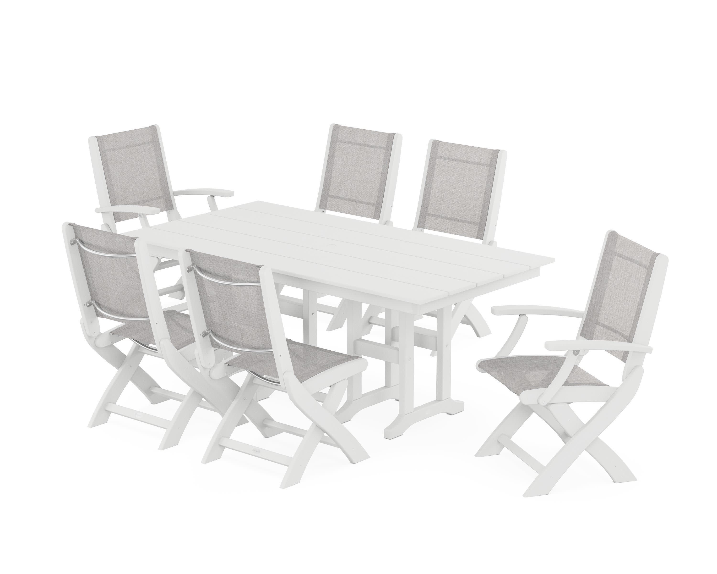 Coastal Folding Chair 7-Piece Farmhouse Dining Set in White / Parchment Sling