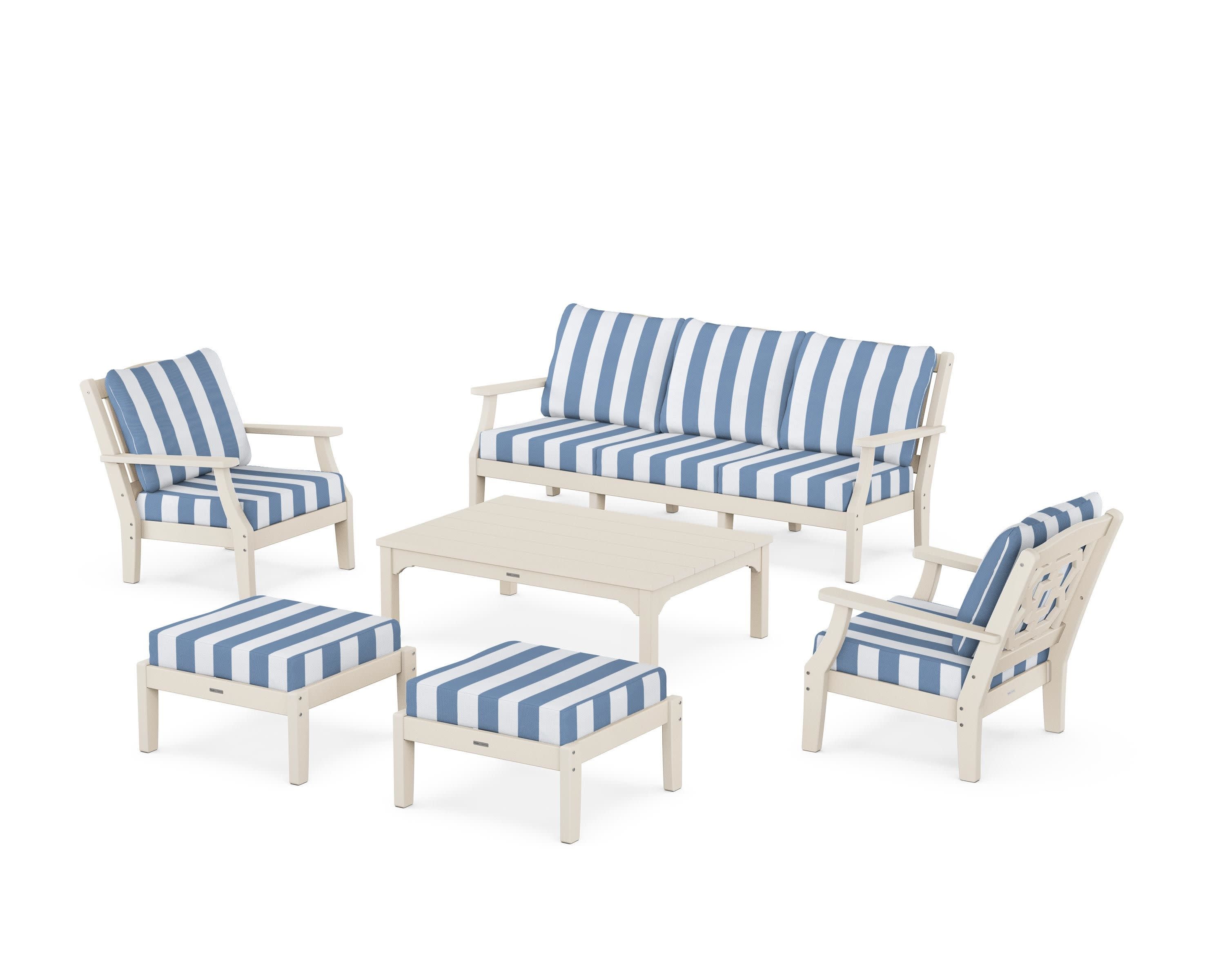 Chinoiserie 6-Piece Lounge Sofa Set in Sand / Cabana Stripe Sky Blue