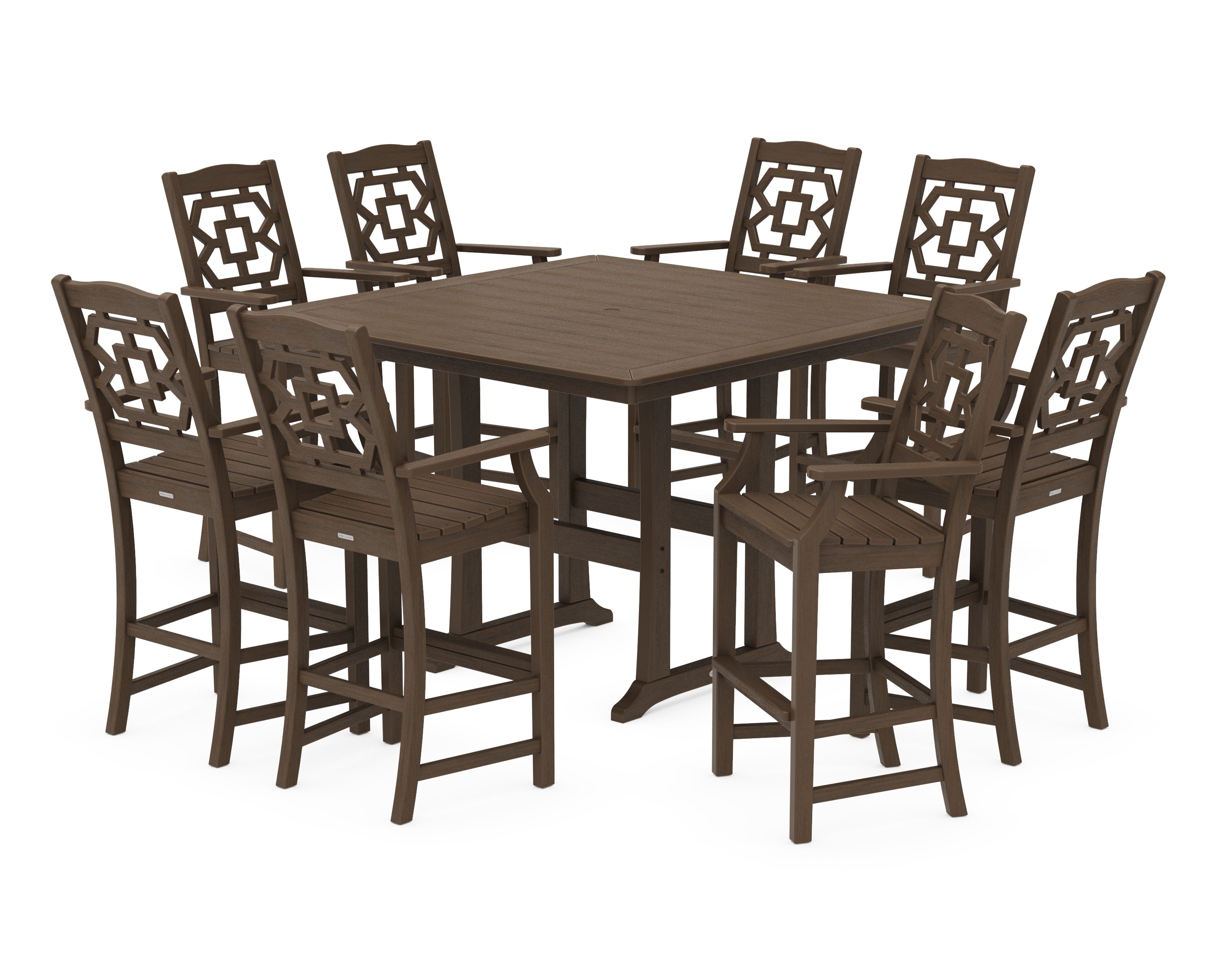 Chinoiserie 9-Piece Square Side Chair Bar Set with Trestle Legs in Kona