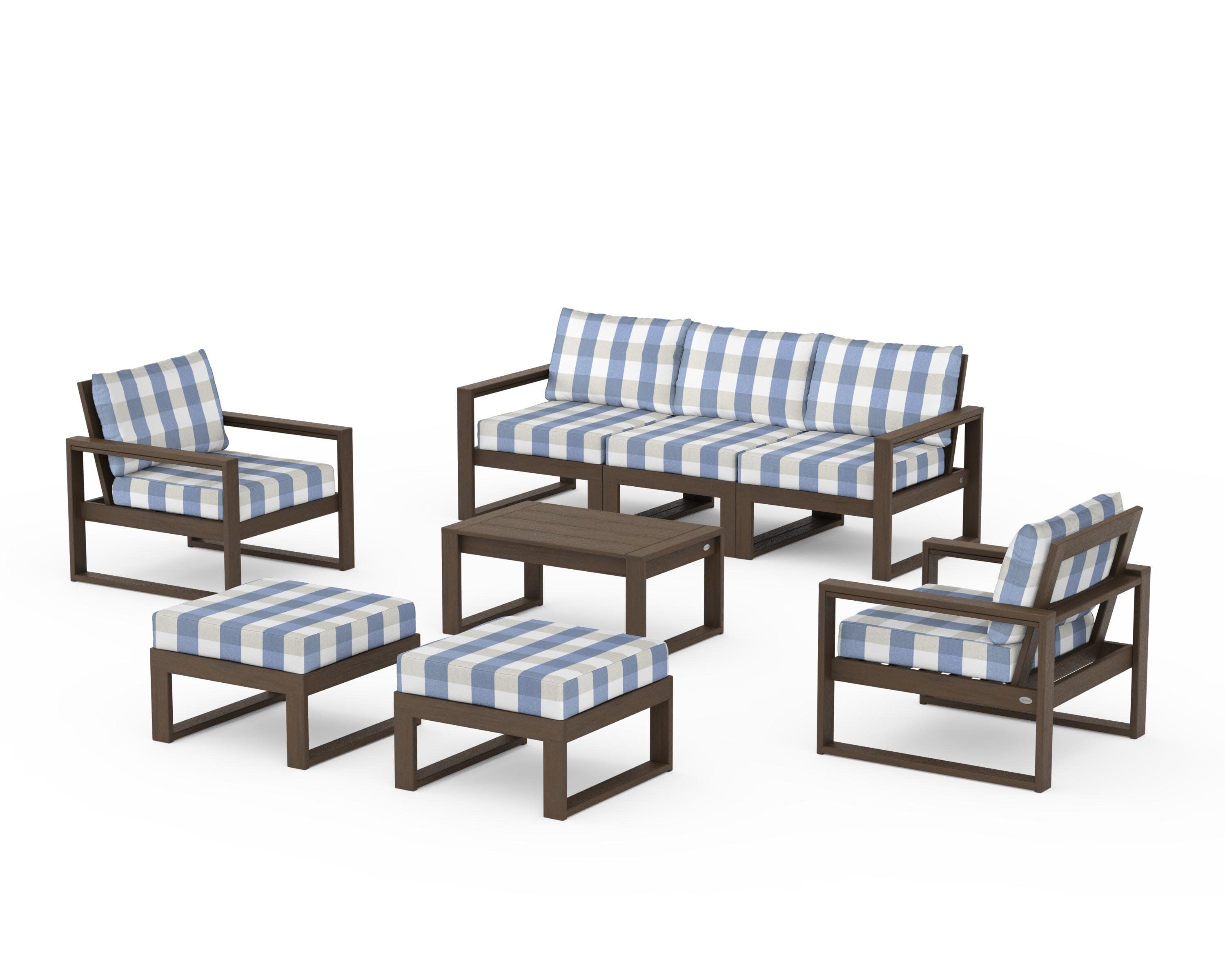 EDGE Sectional 8-Piece Lounge Sofa Set in Kona / Buffalo Plaid Sky Blue