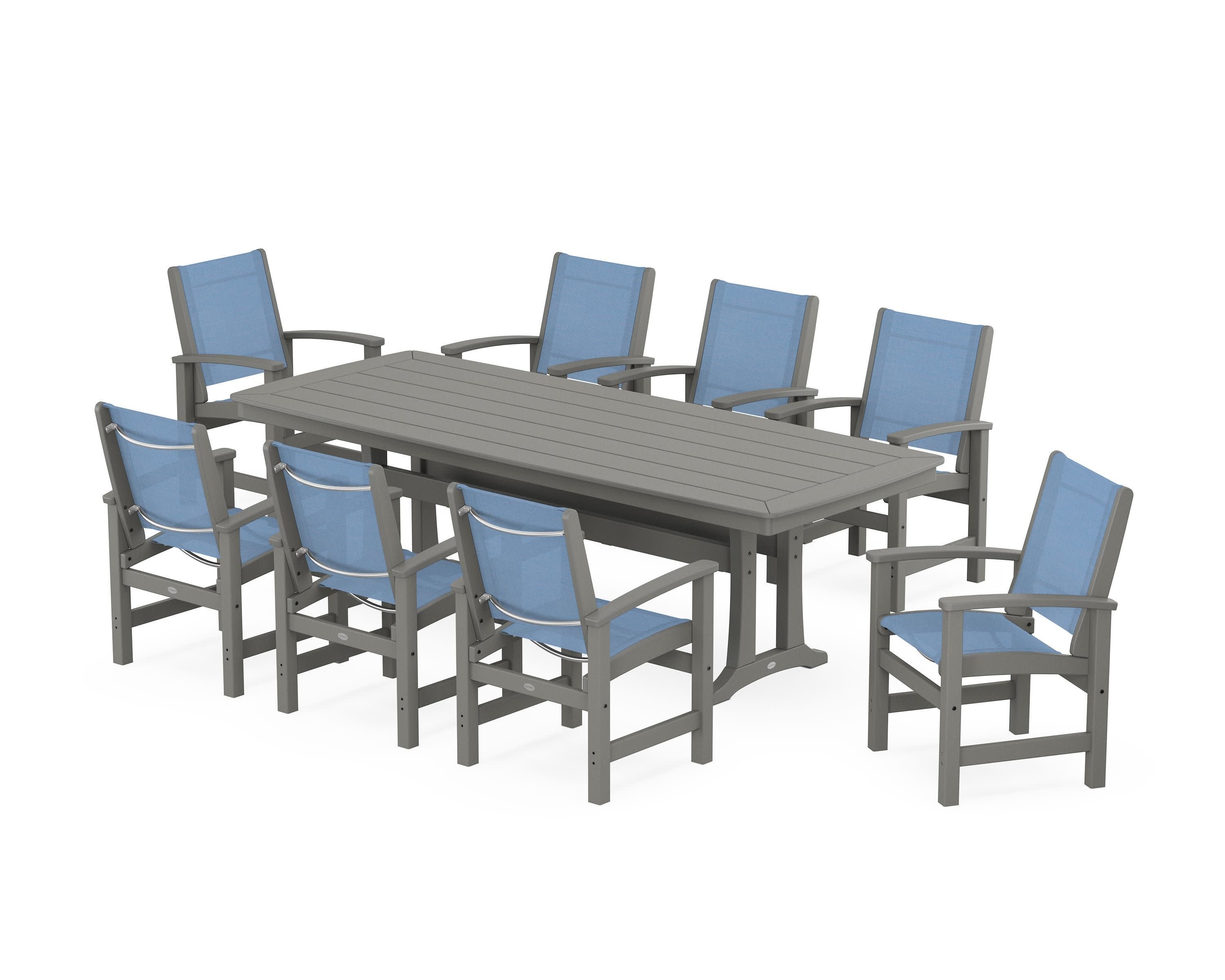 Coastal 9-Piece Dining Set with Trestle Legs in Slate Grey / Poolside Sling