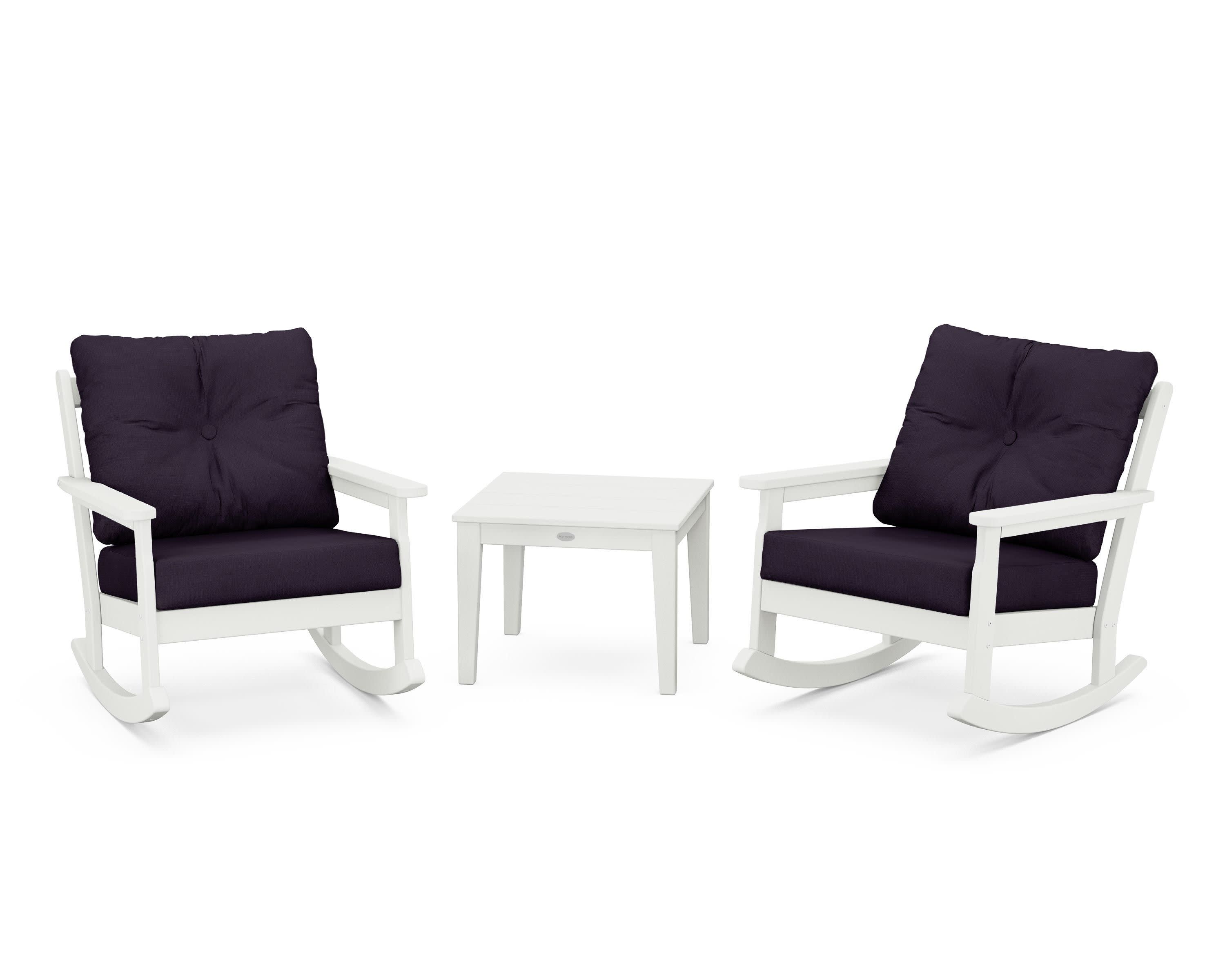 Vineyard 3-Piece Deep Seating Rocker Set in Vintage White / Navy Linen