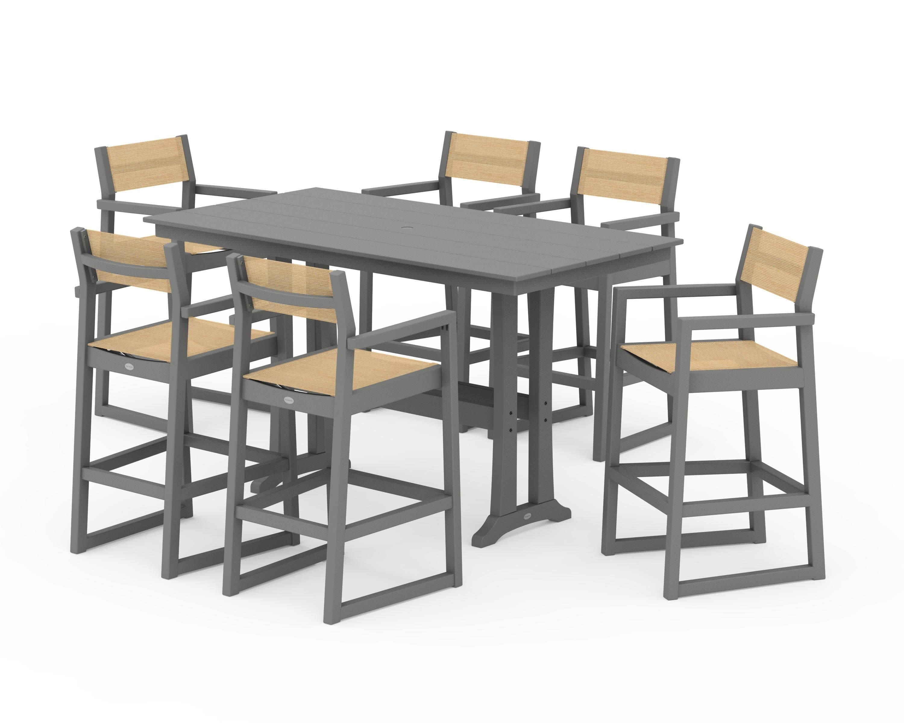 EDGE Sling Arm Chair 7-Piece Farmhouse Bar Set with Trestle Legs in Slate Grey / Dupioni Apricot Sling