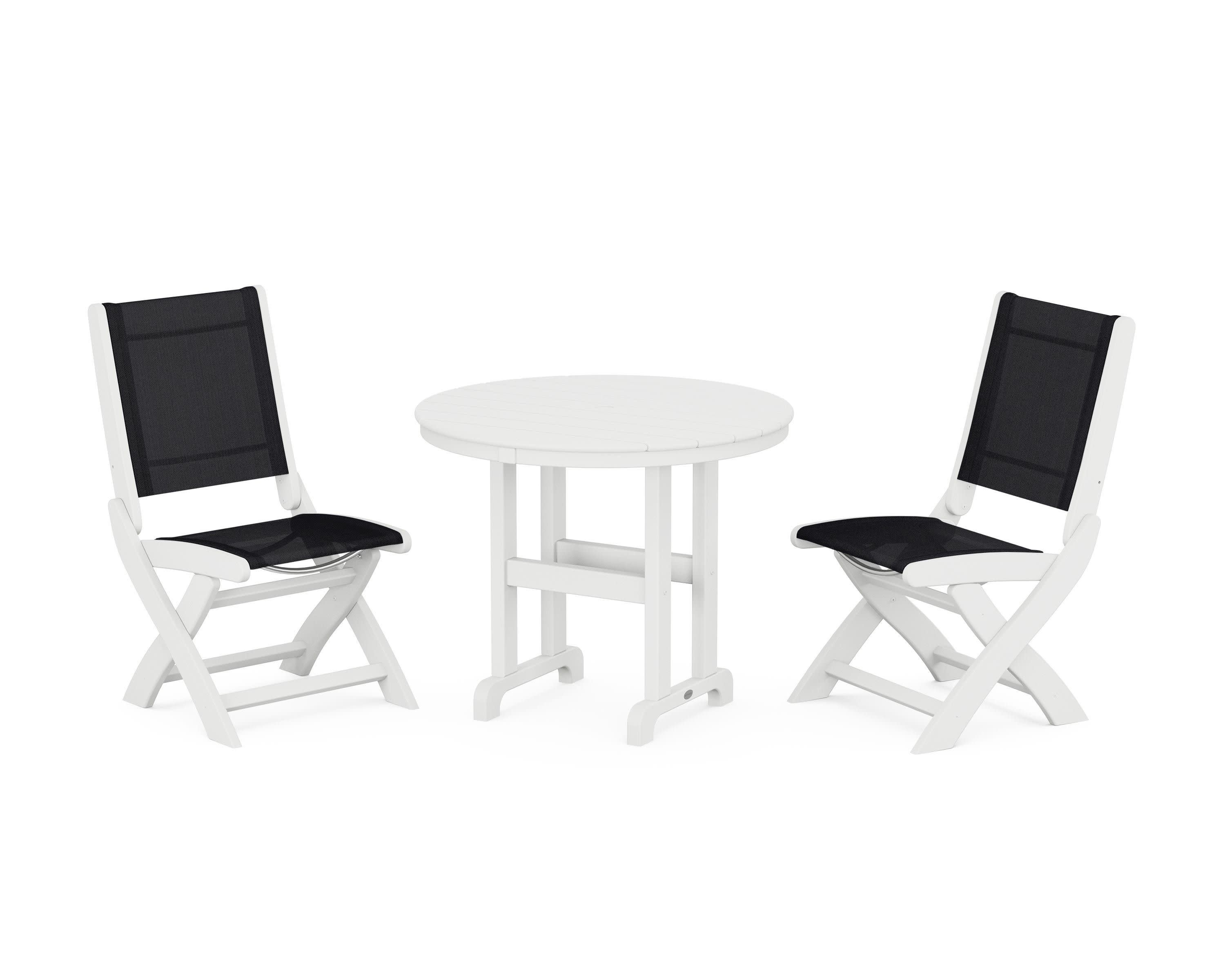 Coastal Folding Side Chair 3-Piece Round Dining Set in White / Black Sling
