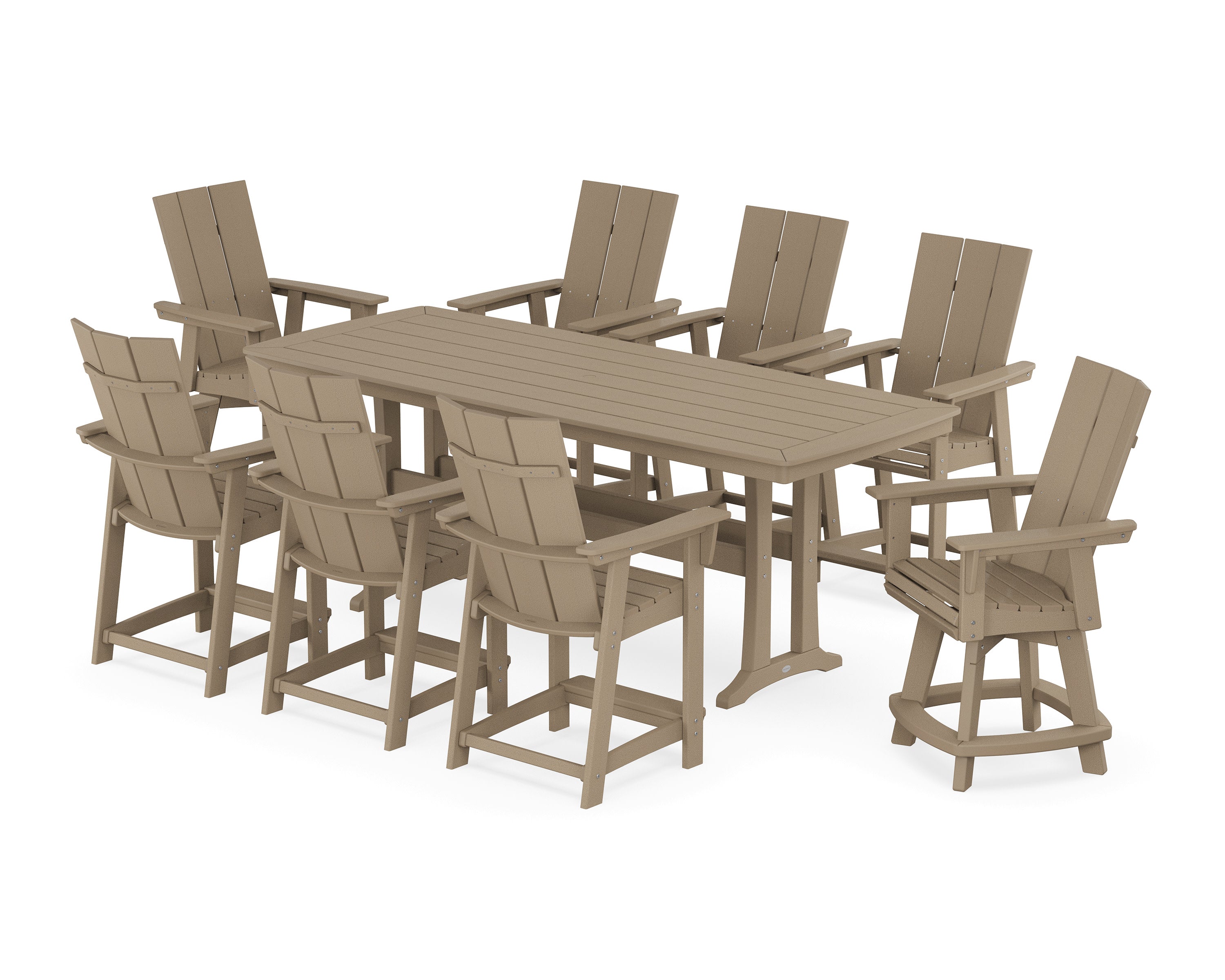 Modern Curveback Adirondack Swivel 9-Piece Counter Set with Trestle Legs in Vintage Sahara