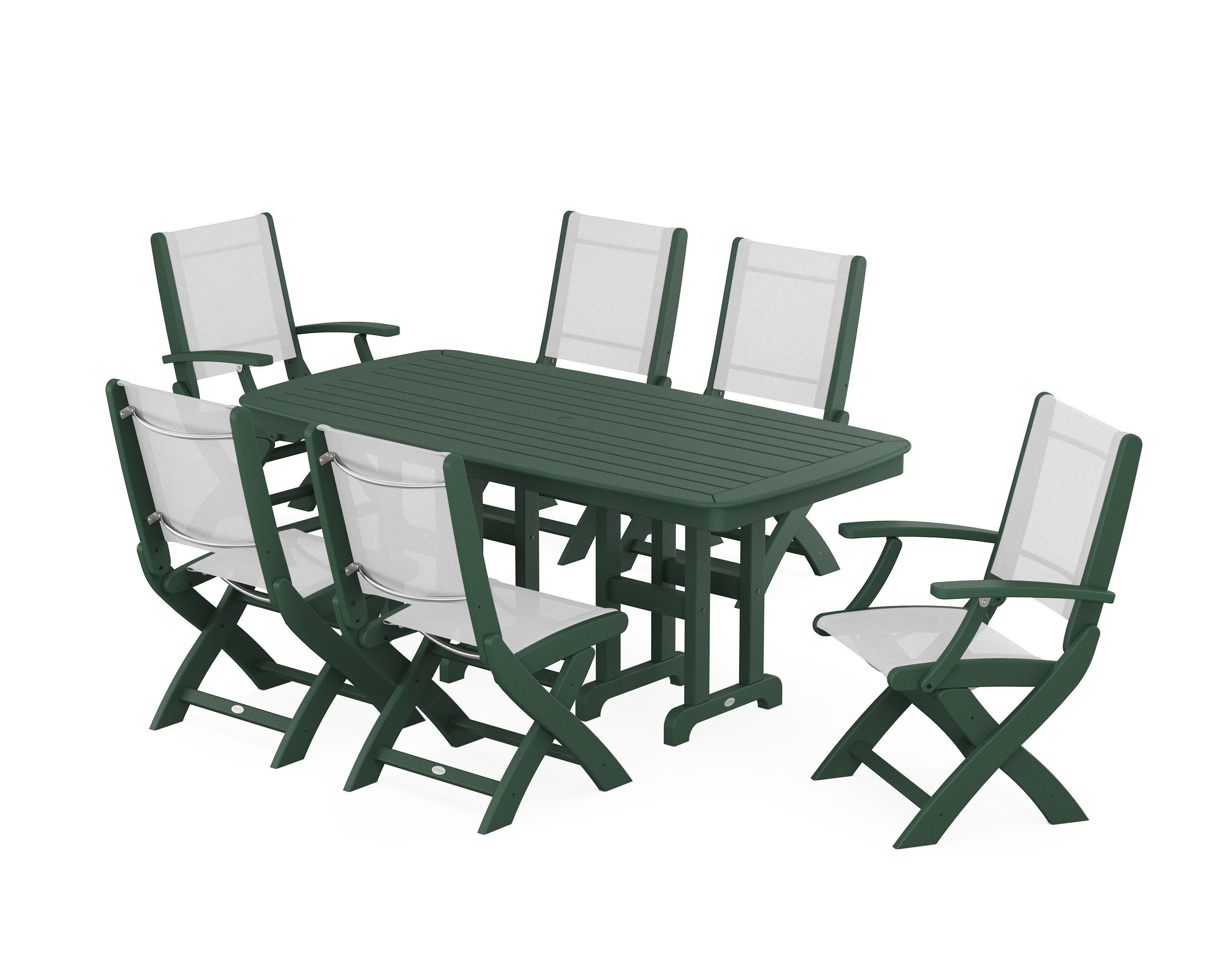 Coastal Folding Chair 7-Piece Dining Set in Green / White Sling
