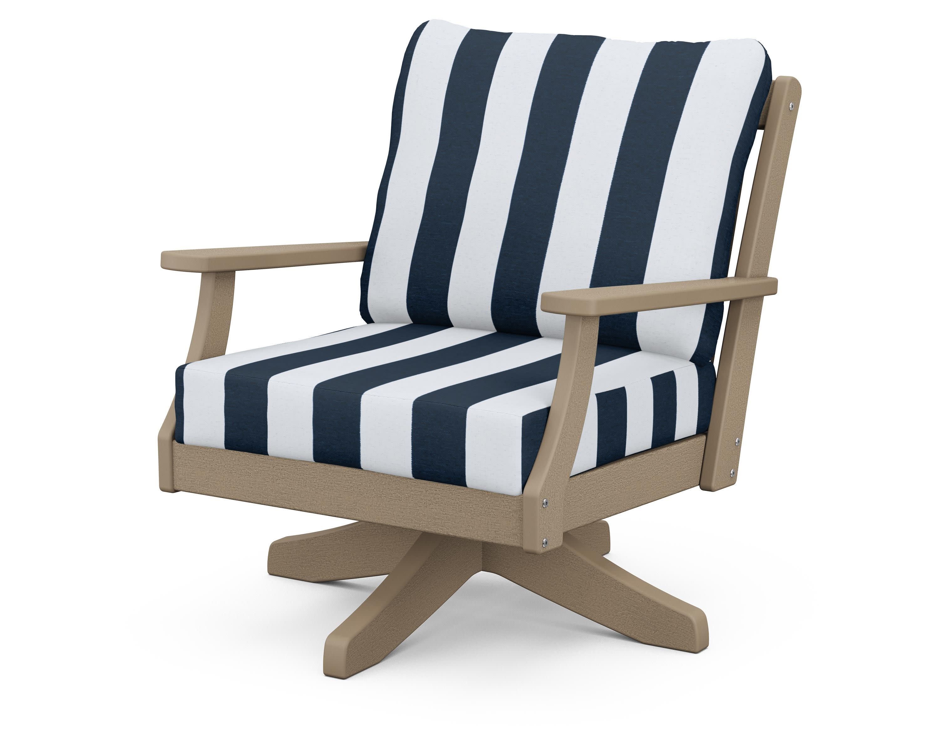 Braxton Deep Seating Swivel Chair in Vintage Sahara / Cabana Stripe Marine Indigo