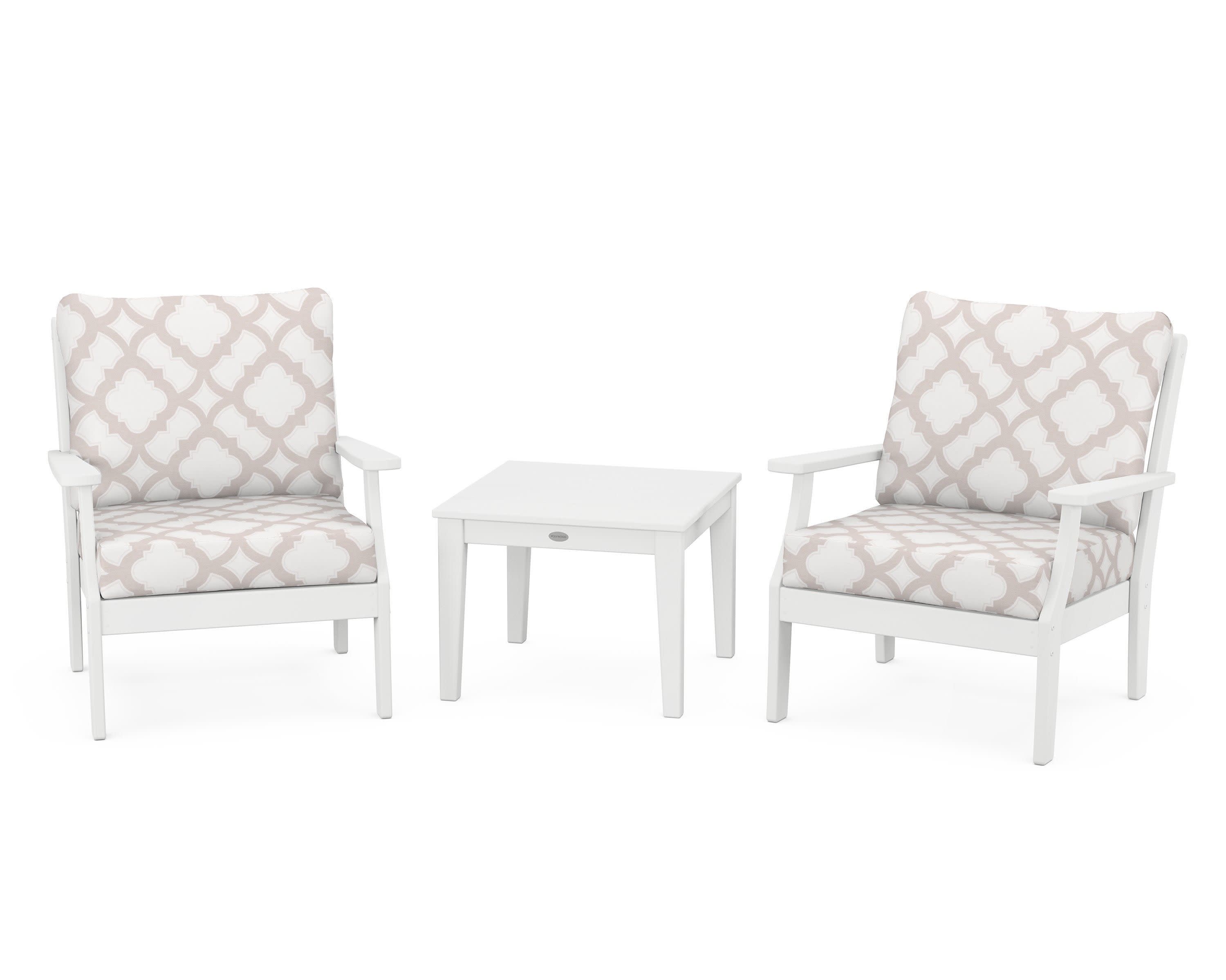 Braxton 3-Piece Deep Seating Set in White / Trellis Dune Burlap