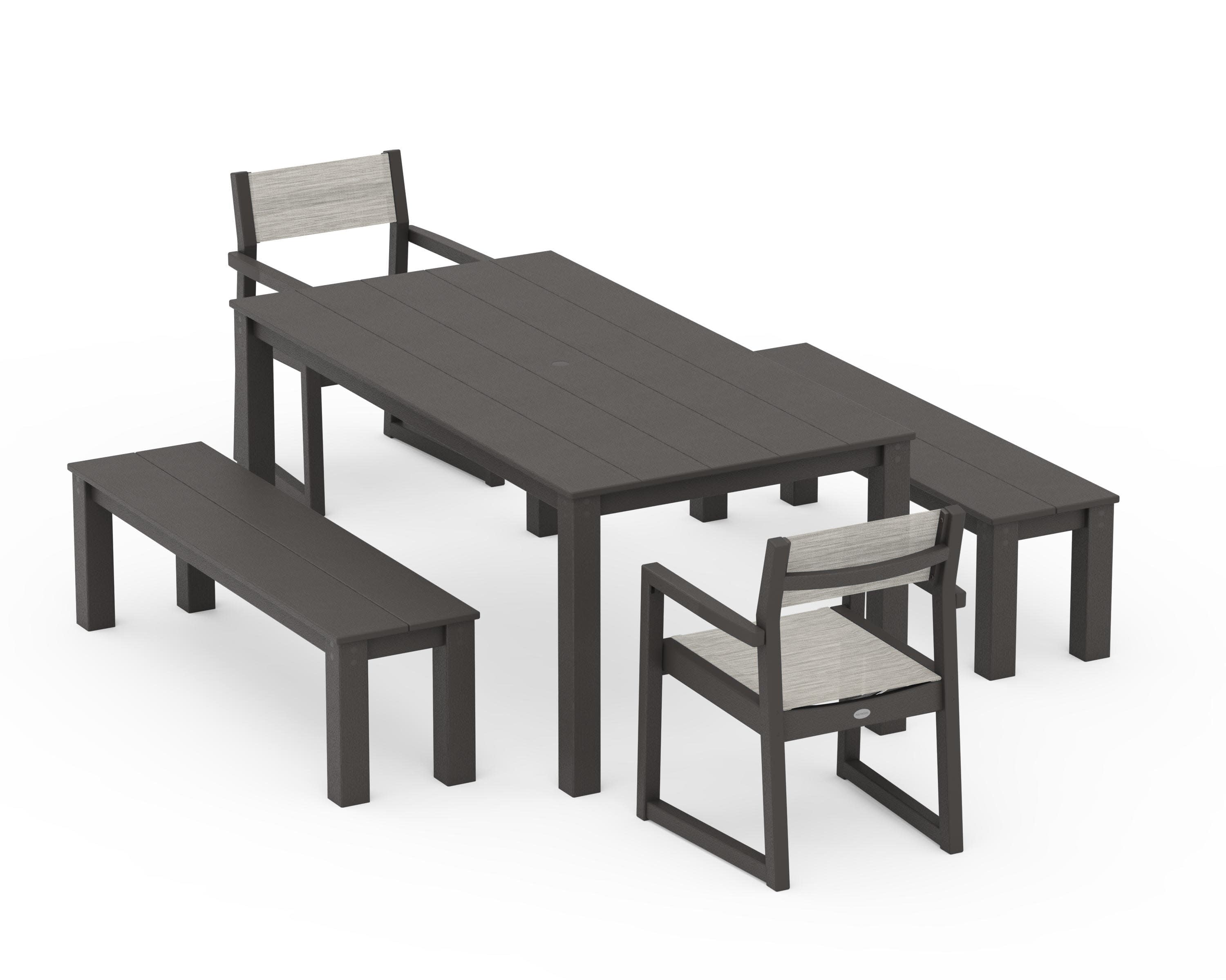 EDGE Sling Arm Chair 5-Piece Parsons Dining Set with Benches in Vintage Coffee / Birch Sling