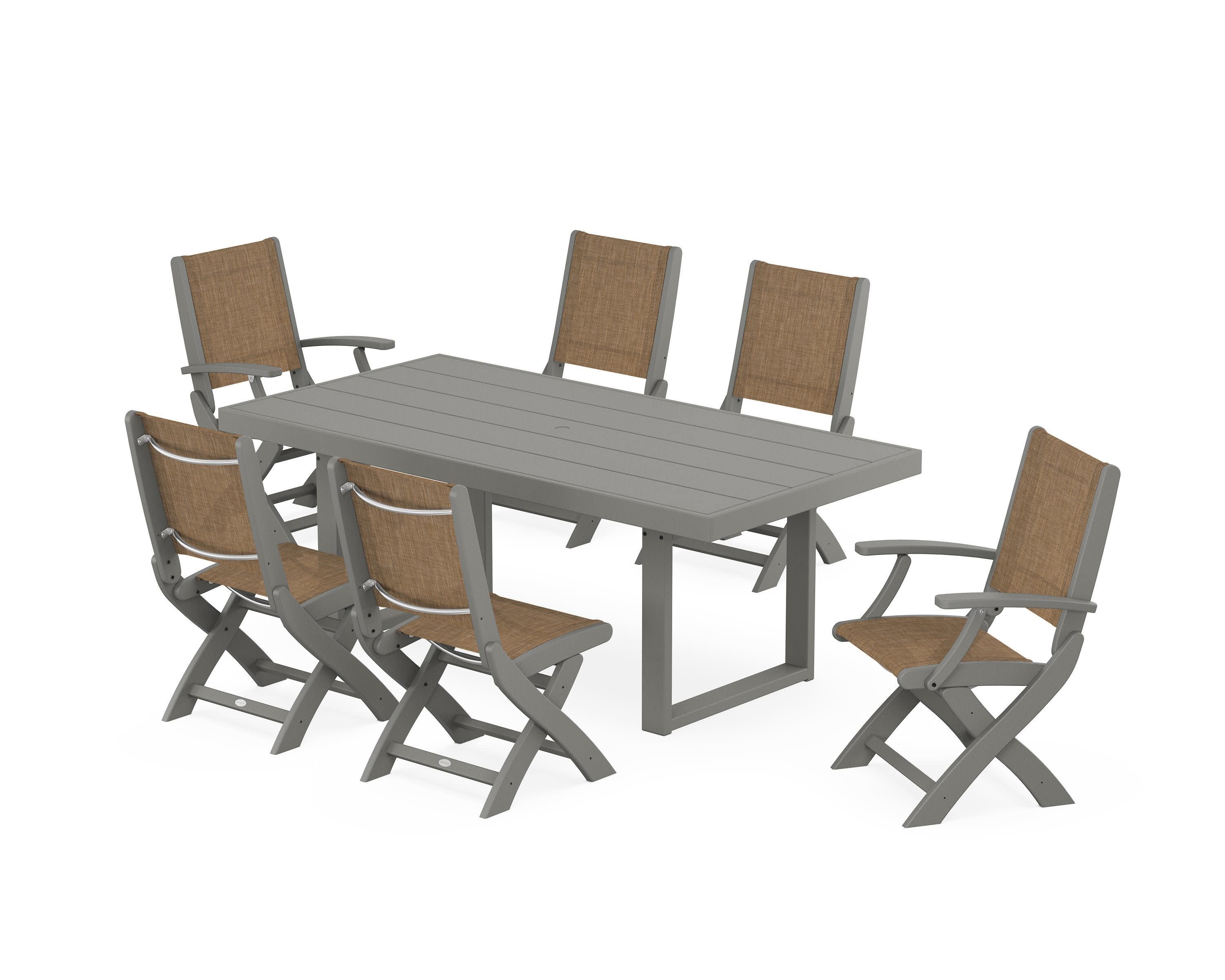 Coastal Folding Chair 7-Piece Dining Set with Trestle Legs in Slate Grey / Burlap Sling