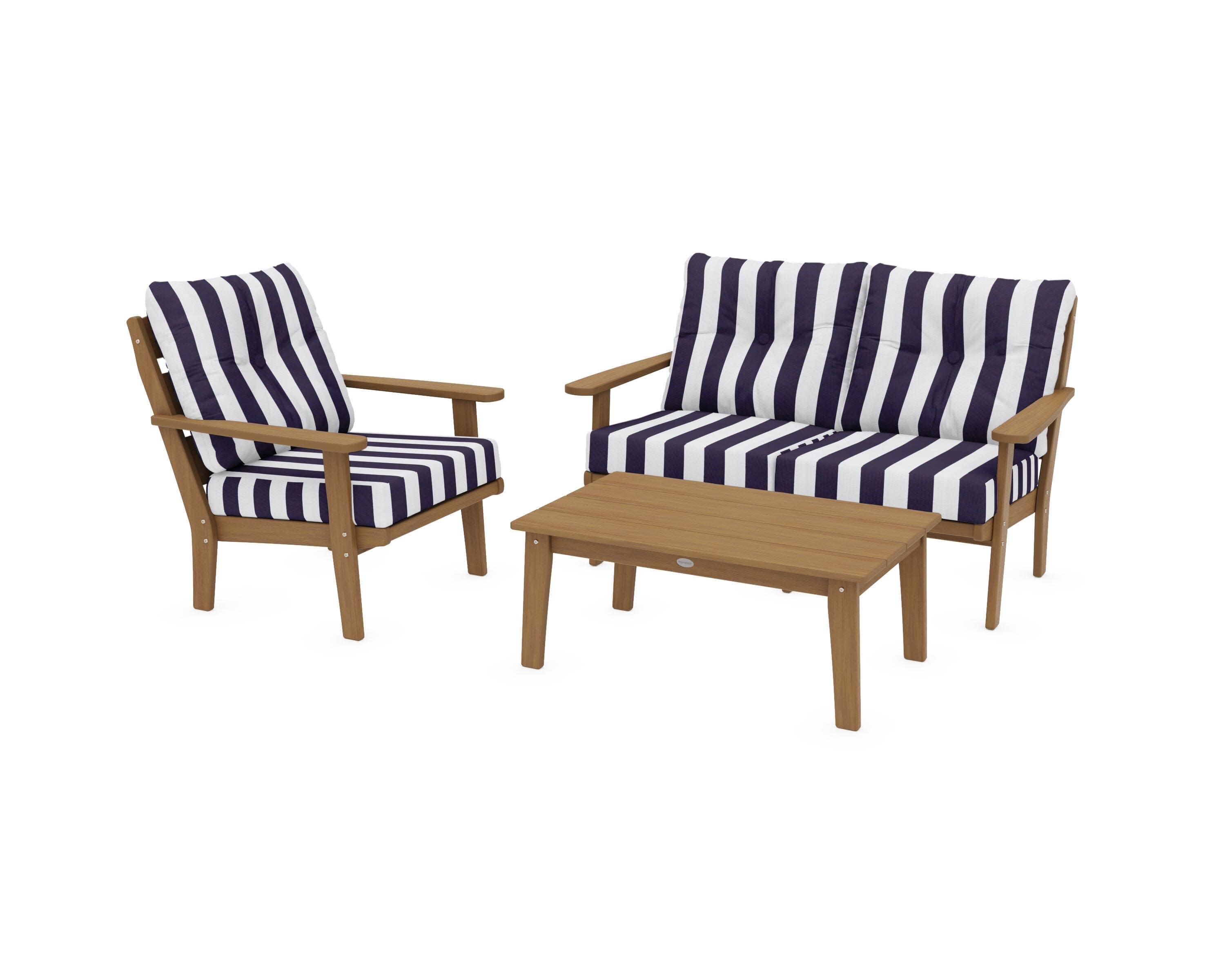 Lakeside 3-Piece Deep Seating Set in Natural / Cabana Stripe Navy