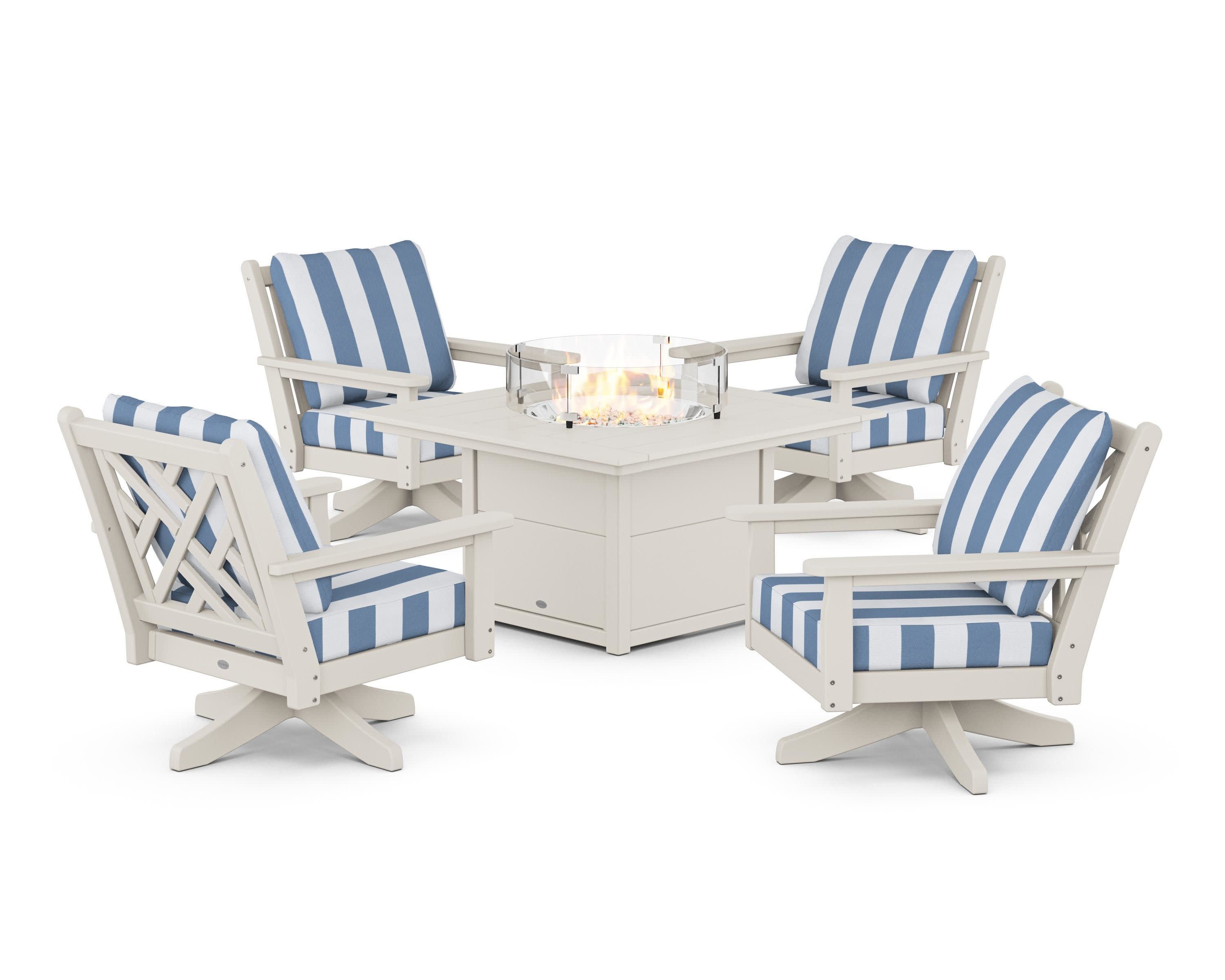 Chippendale 5-Piece Deep Seating Swivel Conversation Set with Fire Pit Table in Sand / Cabana Stripe Sky Blue