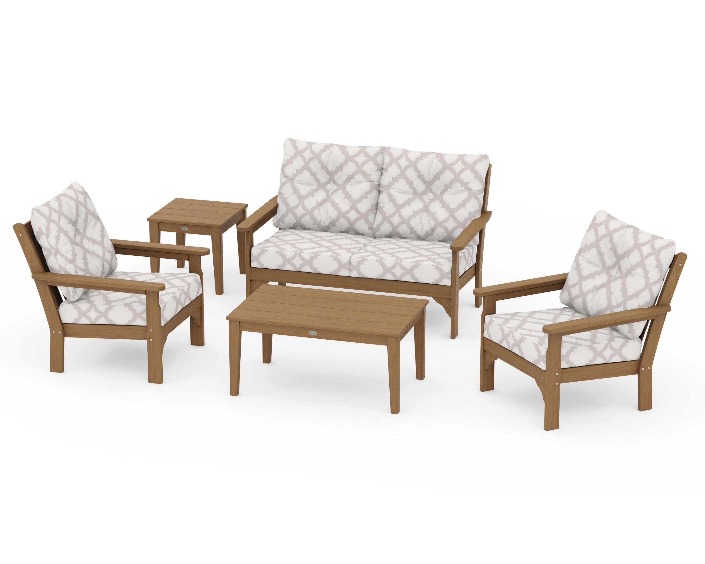 Vineyard 5-Piece Deep Seating Set in Natural / Trellis Dune Burlap