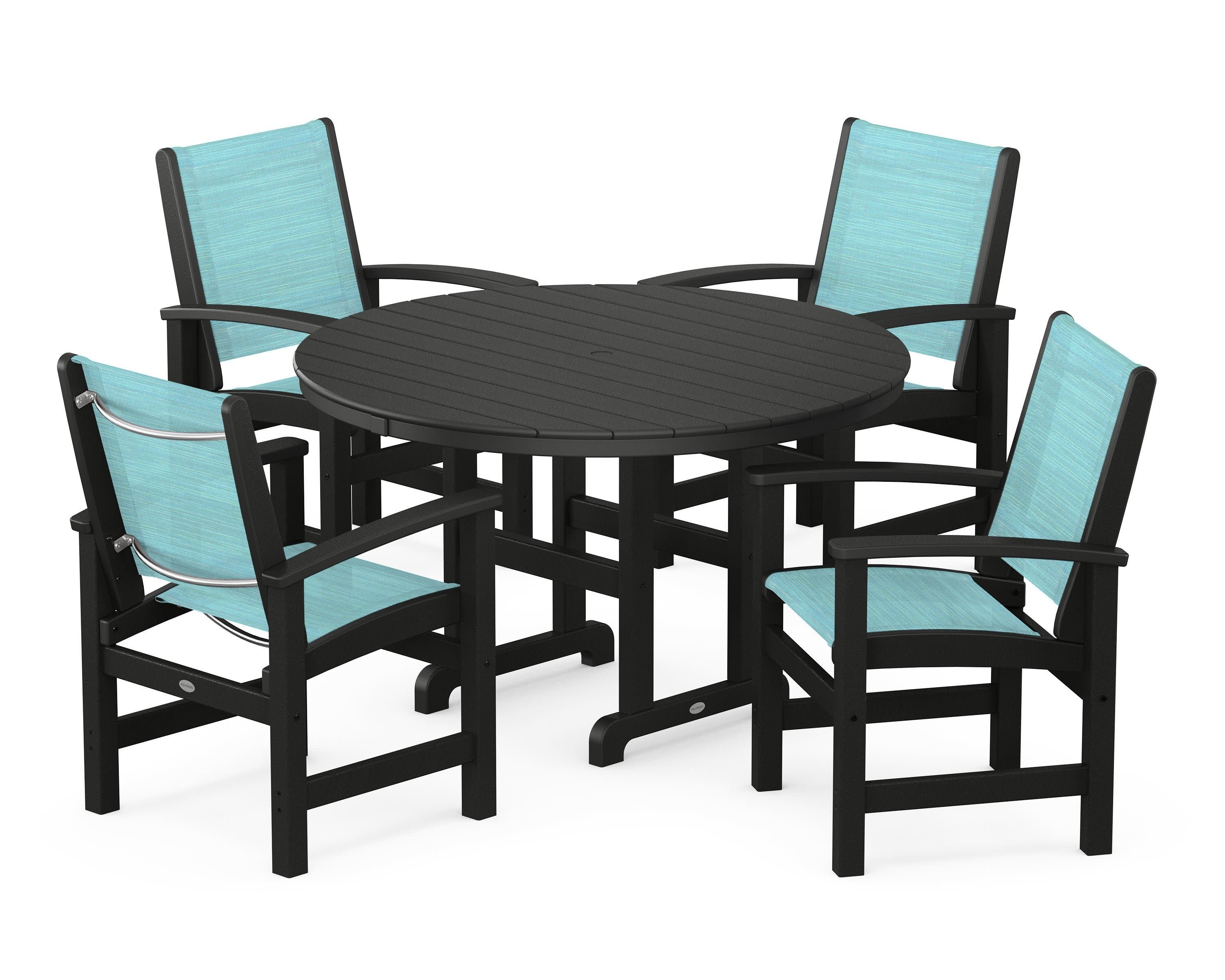 Coastal 5-Piece Round Farmhouse Dining Set in Black / Dupioni Aquamarine Sling