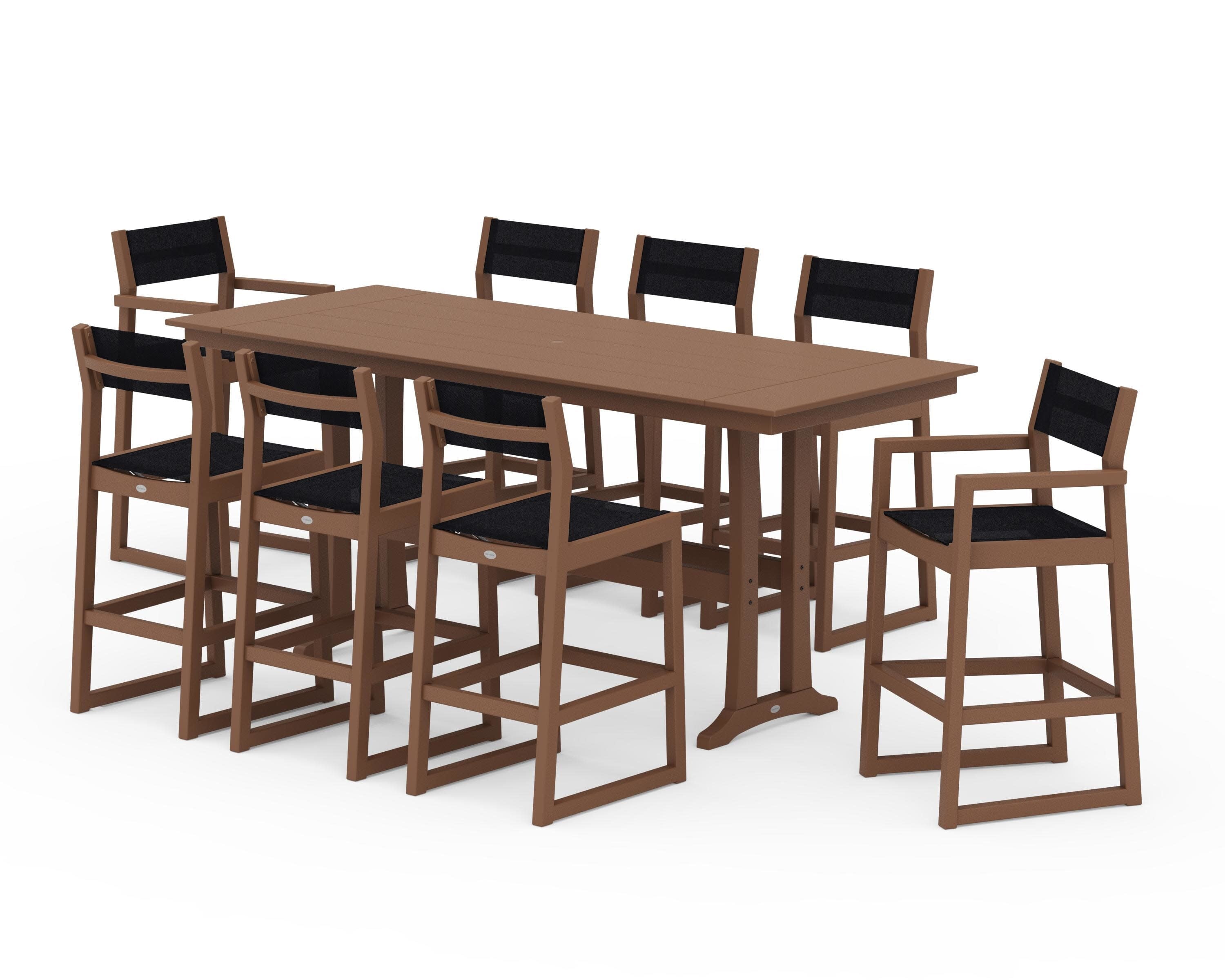 EDGE Sling 9-Piece Farmhouse Bar Set with Trestle Legs in Teak / Black Sling