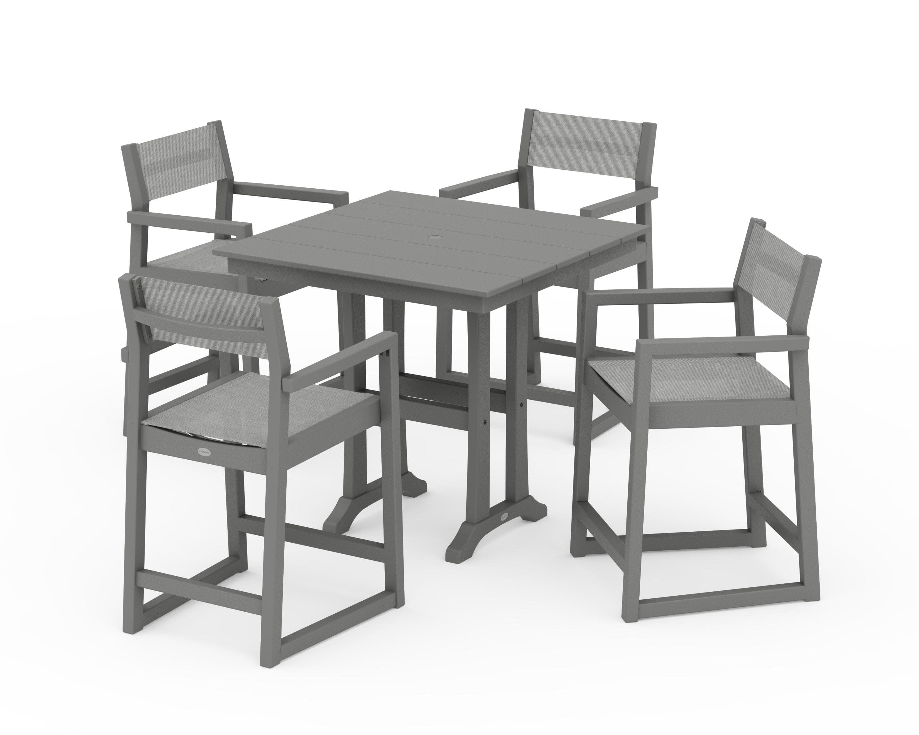 EDGE Sling Arm Chair 5-Piece Farmhouse Counter Set with Trestle Legs in Slate Grey / Metallic Sling