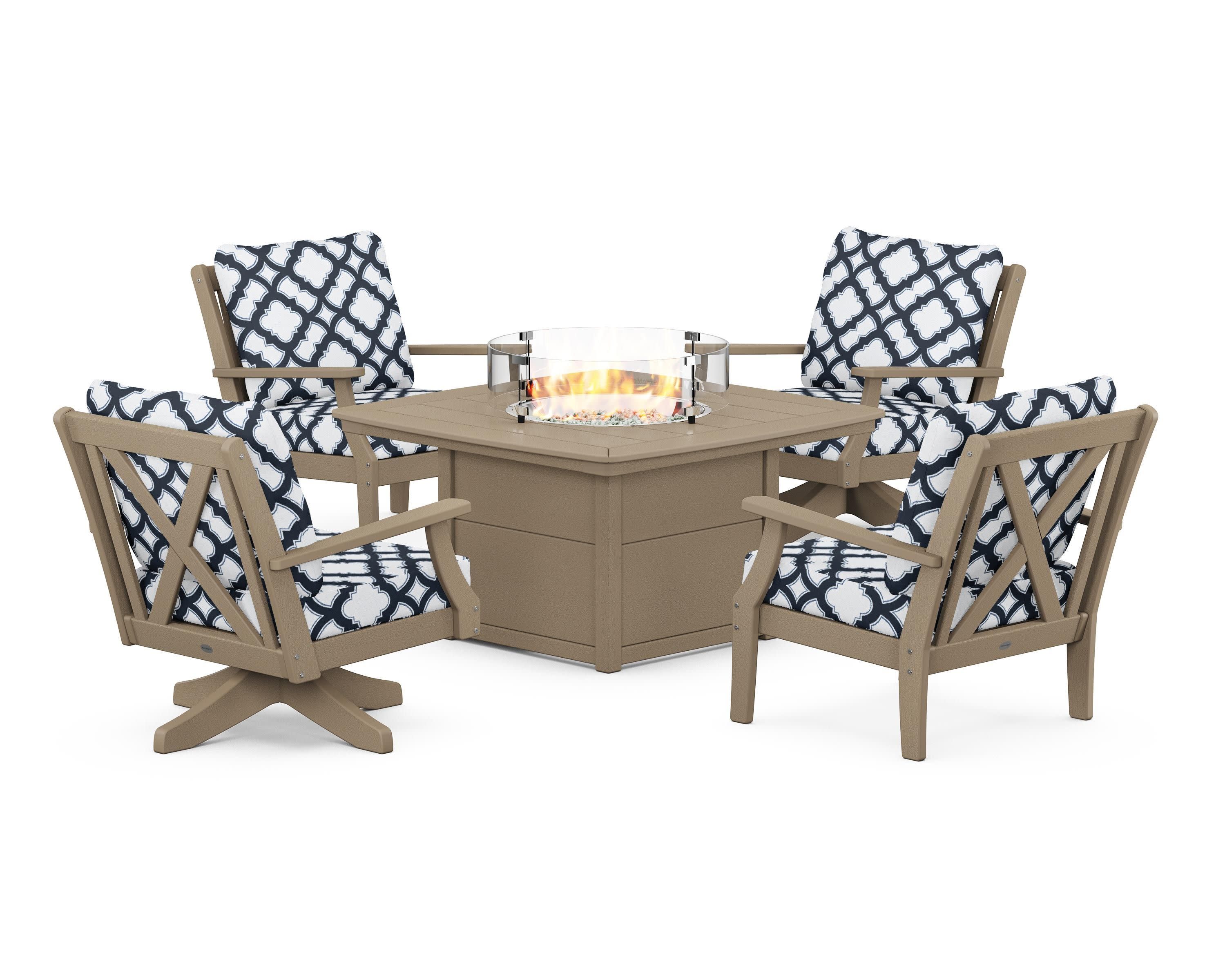 Braxton 5-Piece Deep Seating Set with Fire Table in Vintage Sahara / Trellis Marine Indigo