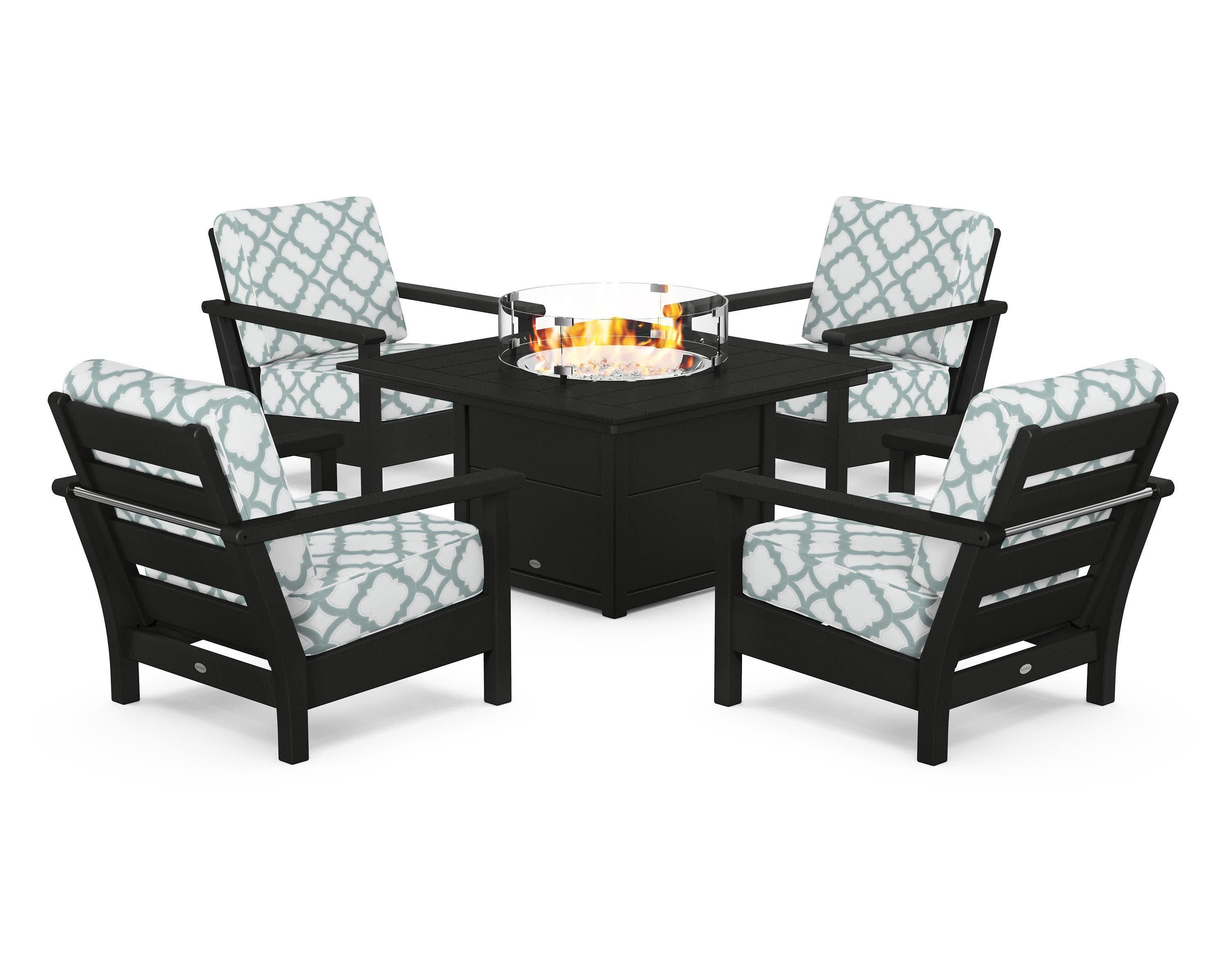 Harbour 5-Piece Conversation Set with Fire Pit Table in Black / Trellis Glacier Spa