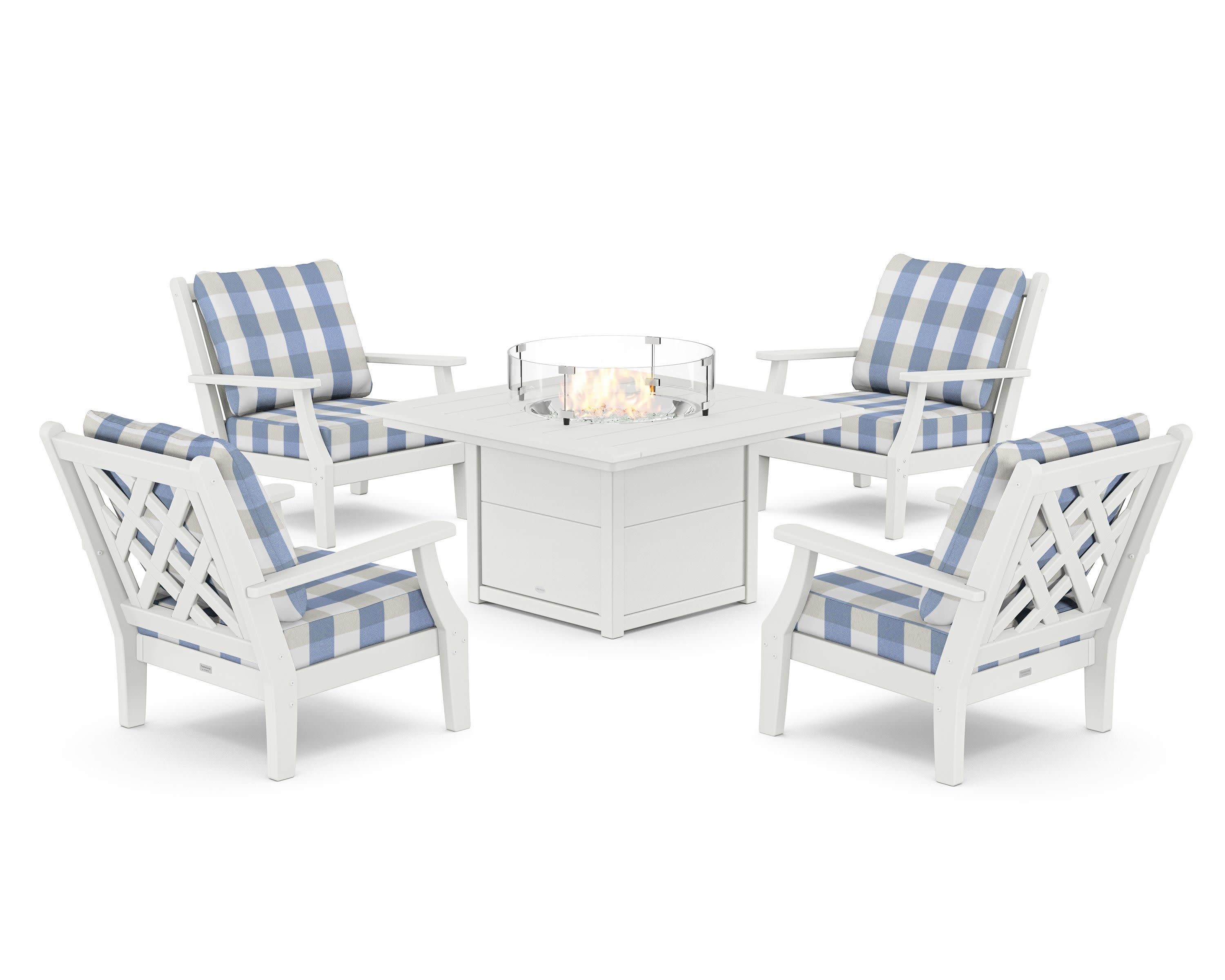 Wovendale 5-Piece Deep Seating Set with Fire Pit Table in White / Buffalo Plaid Sky Blue