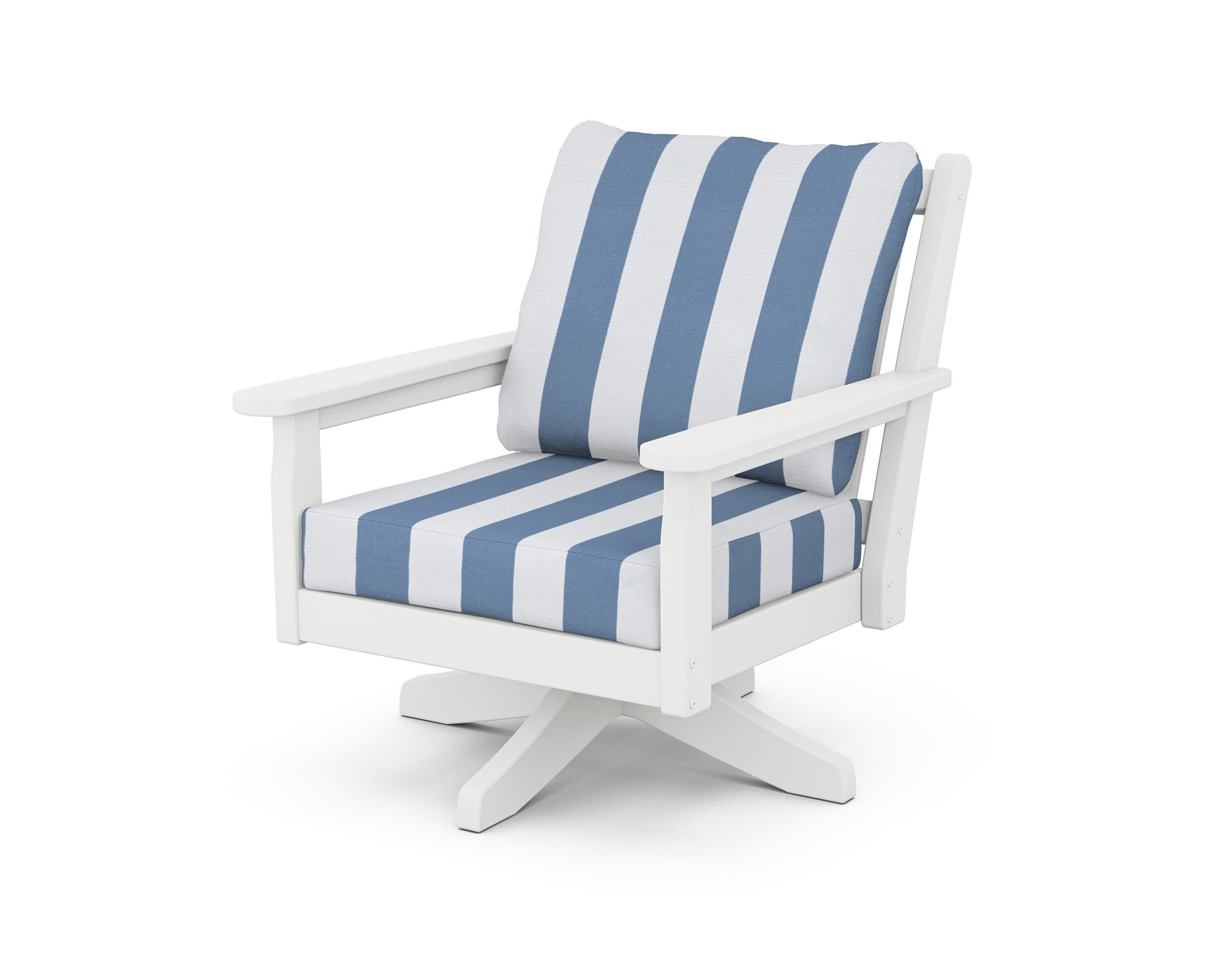 Chippendale Deep Seating Swivel Chair in White / Cabana Stripe Sky Blue