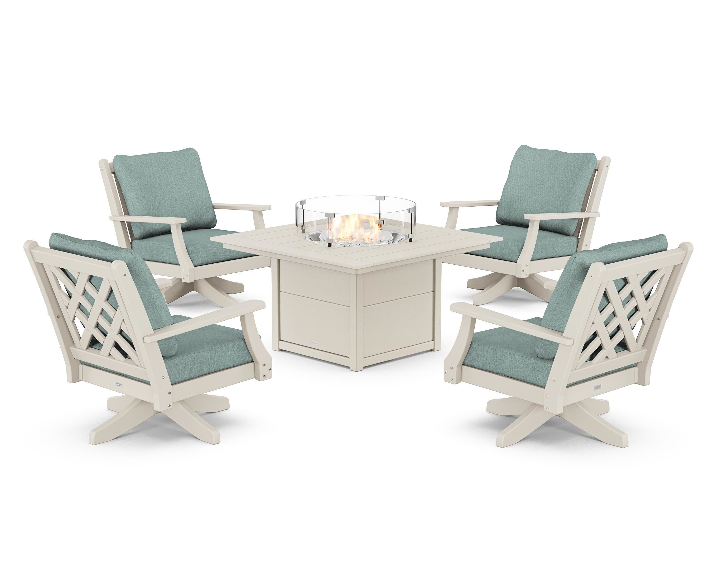 Wovendale 5-Piece Deep Seating Swivel Conversation Set with Fire Pit Table in Sand / Glacier Spa