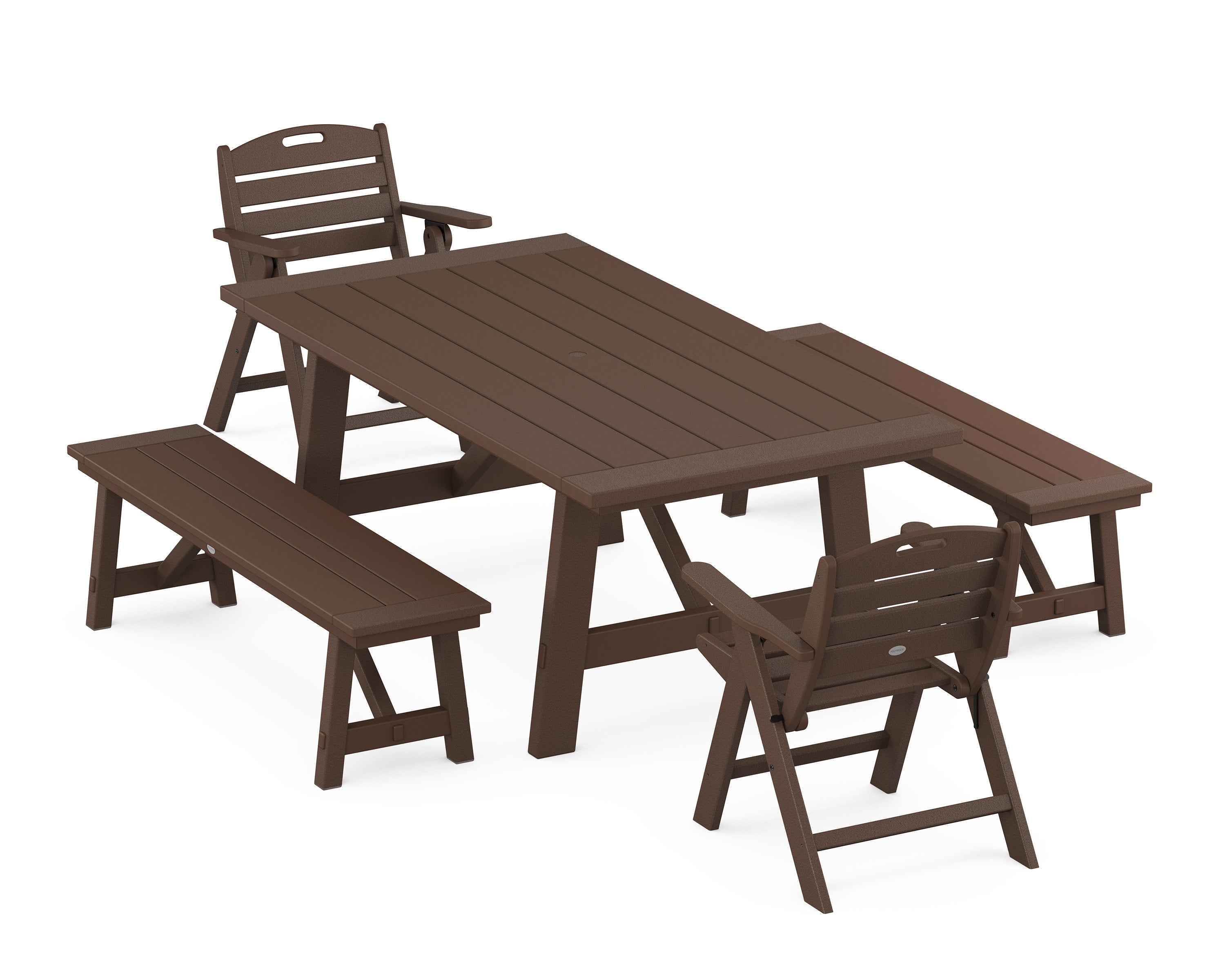 Nautical Folding Lowback Chair 5-Piece Rustic Farmhouse Dining Set With Benches in Mahogany