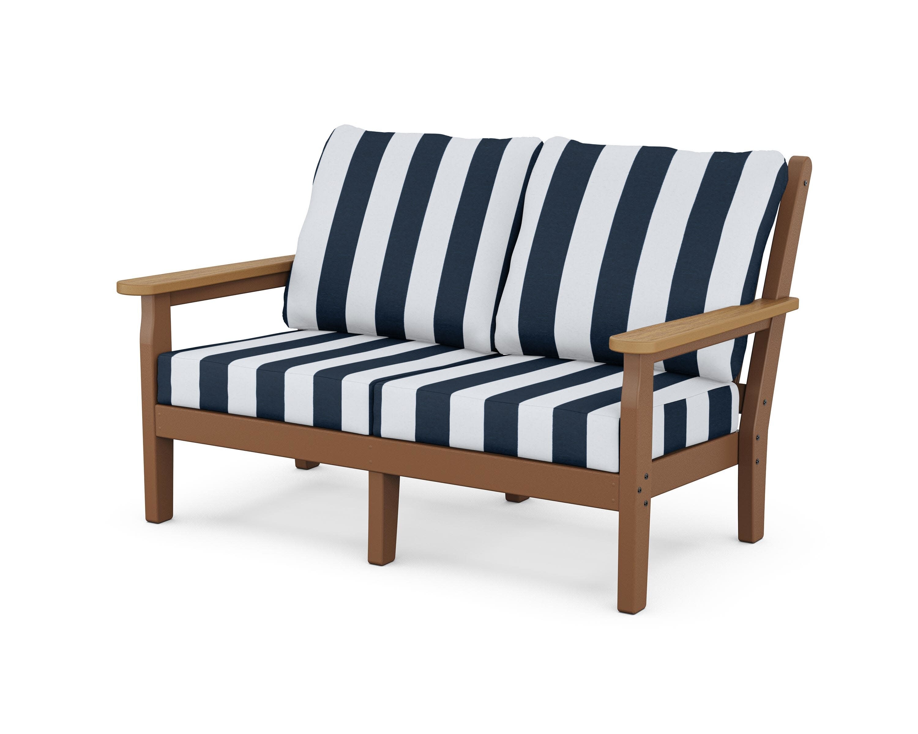 Chippendale Deep Seating Loveseat in Teak / Natural / Cabana Stripe Marine Indigo