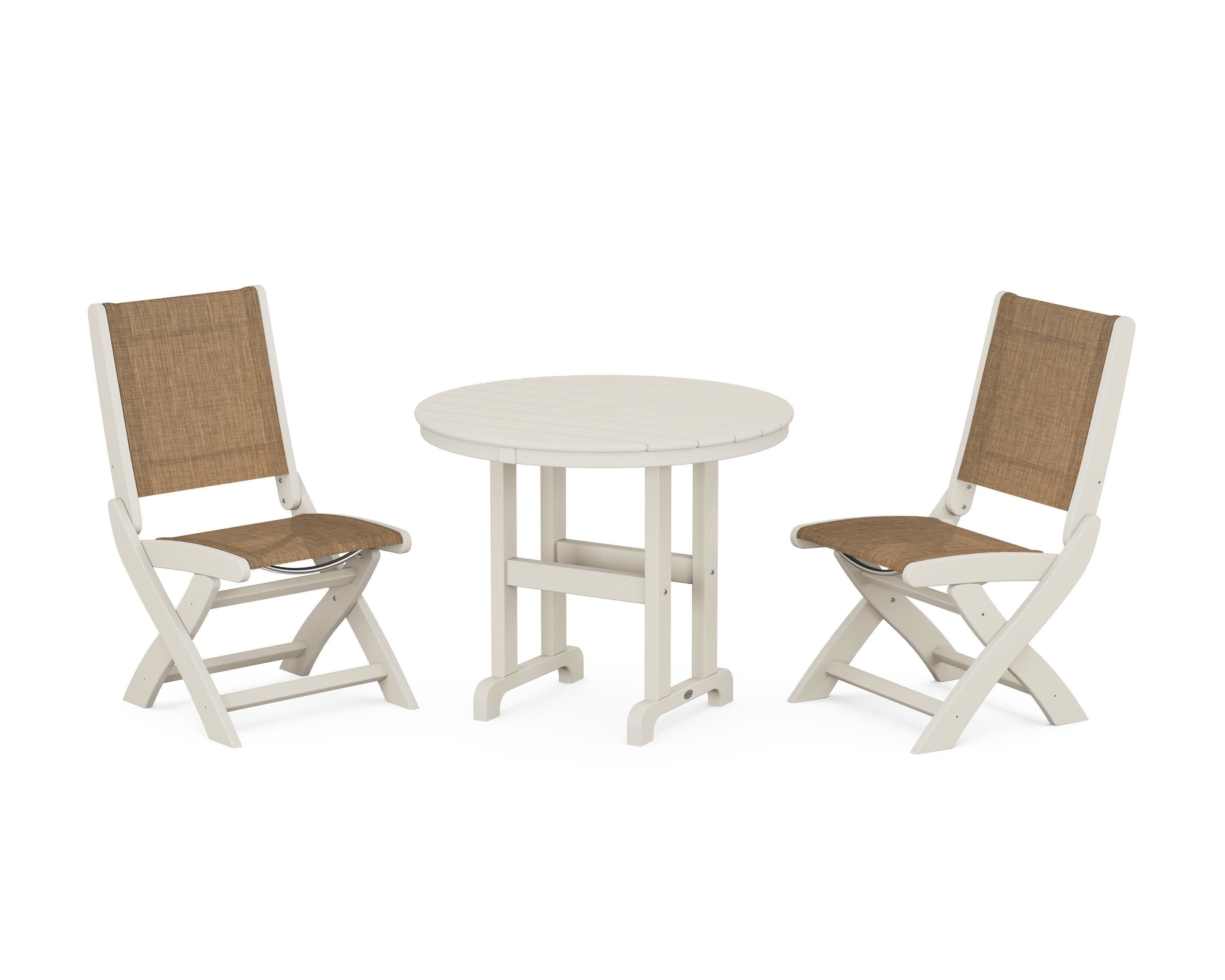 Coastal Folding Side Chair 3-Piece Round Dining Set in Sand / Burlap Sling
