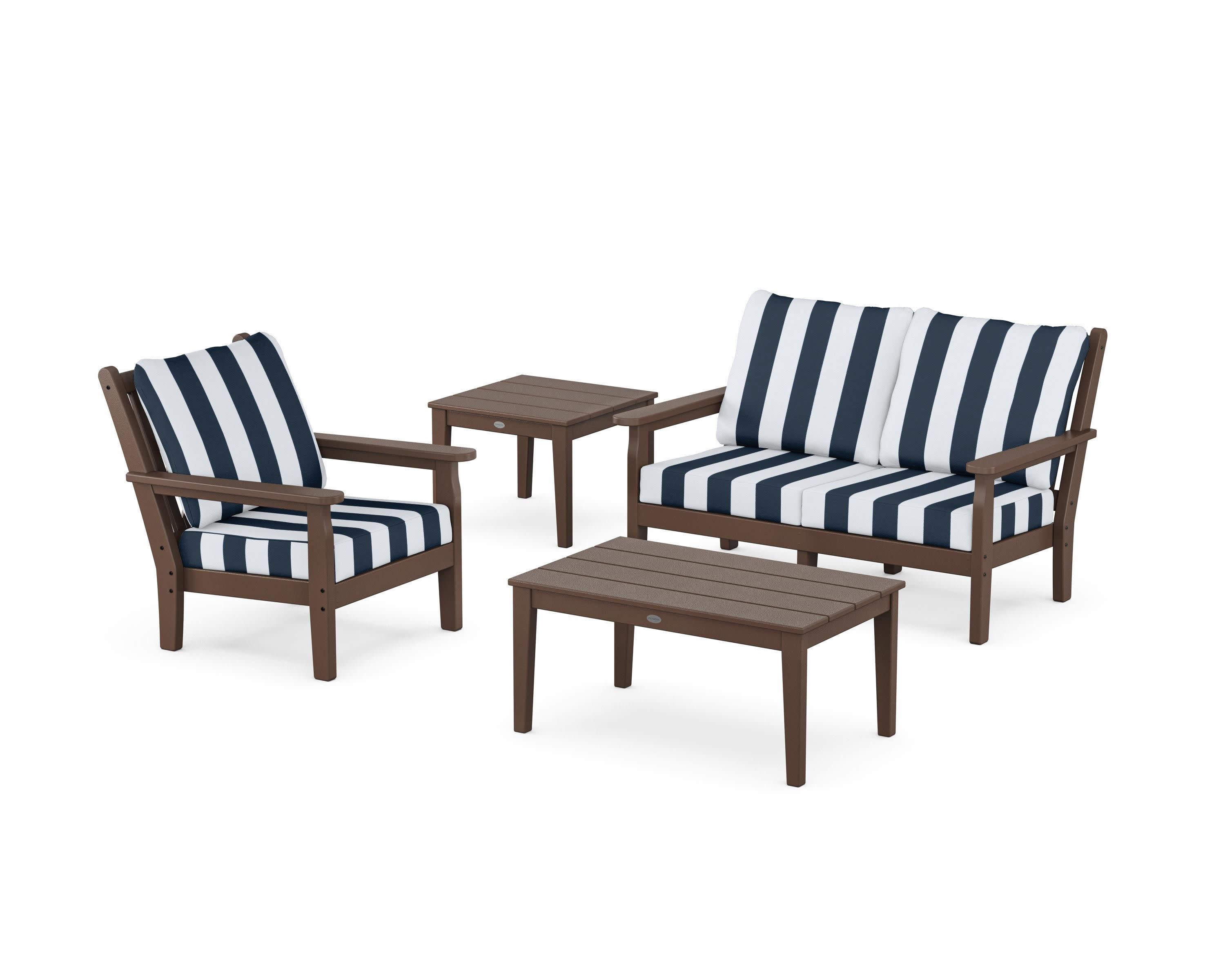 Chippendale 4-Piece Deep Seating Set in Mahogany / Cabana Stripe Marine Indigo