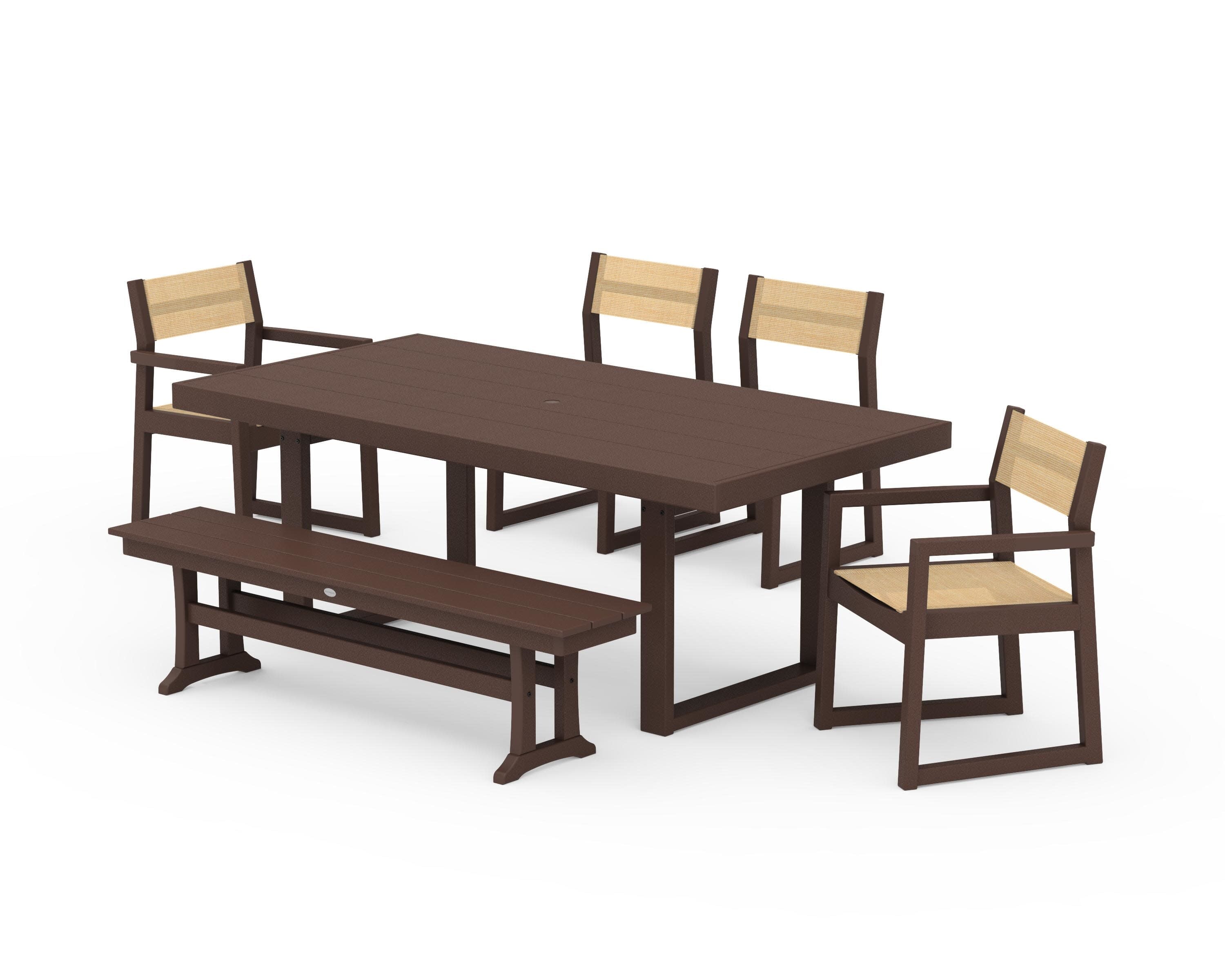 EDGE Sling 6-Piece Dining Set with Bench in Mahogany / Dupioni Apricot Sling