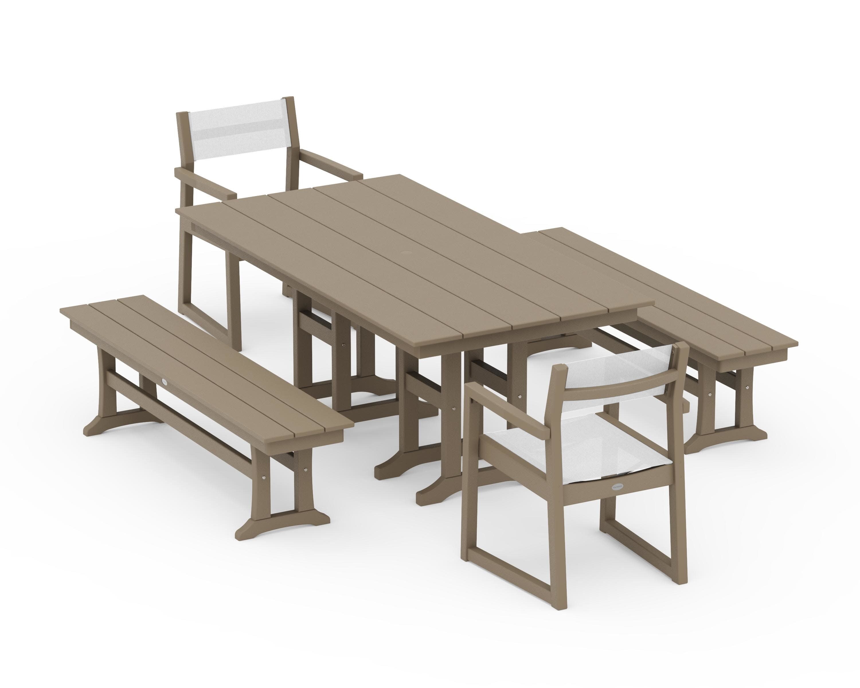 EDGE Sling Arm Chair 5-Piece Farmhouse Dining Set with Benches in Vintage Sahara / White Sling