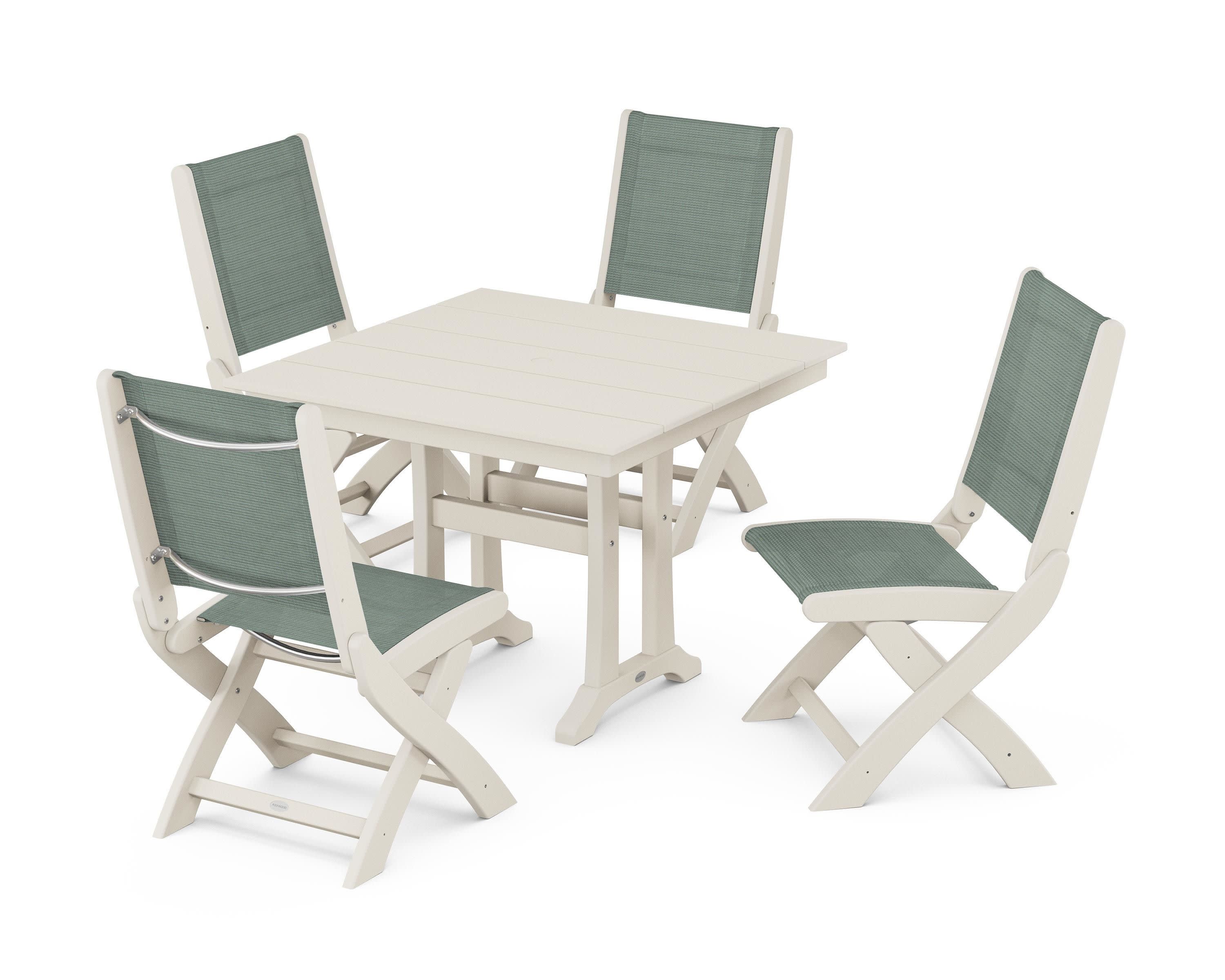 Coastal Folding Side Chair 5-Piece Farmhouse Dining Set With Trestle Legs in Sand / Dupioni Sea Mist Sling