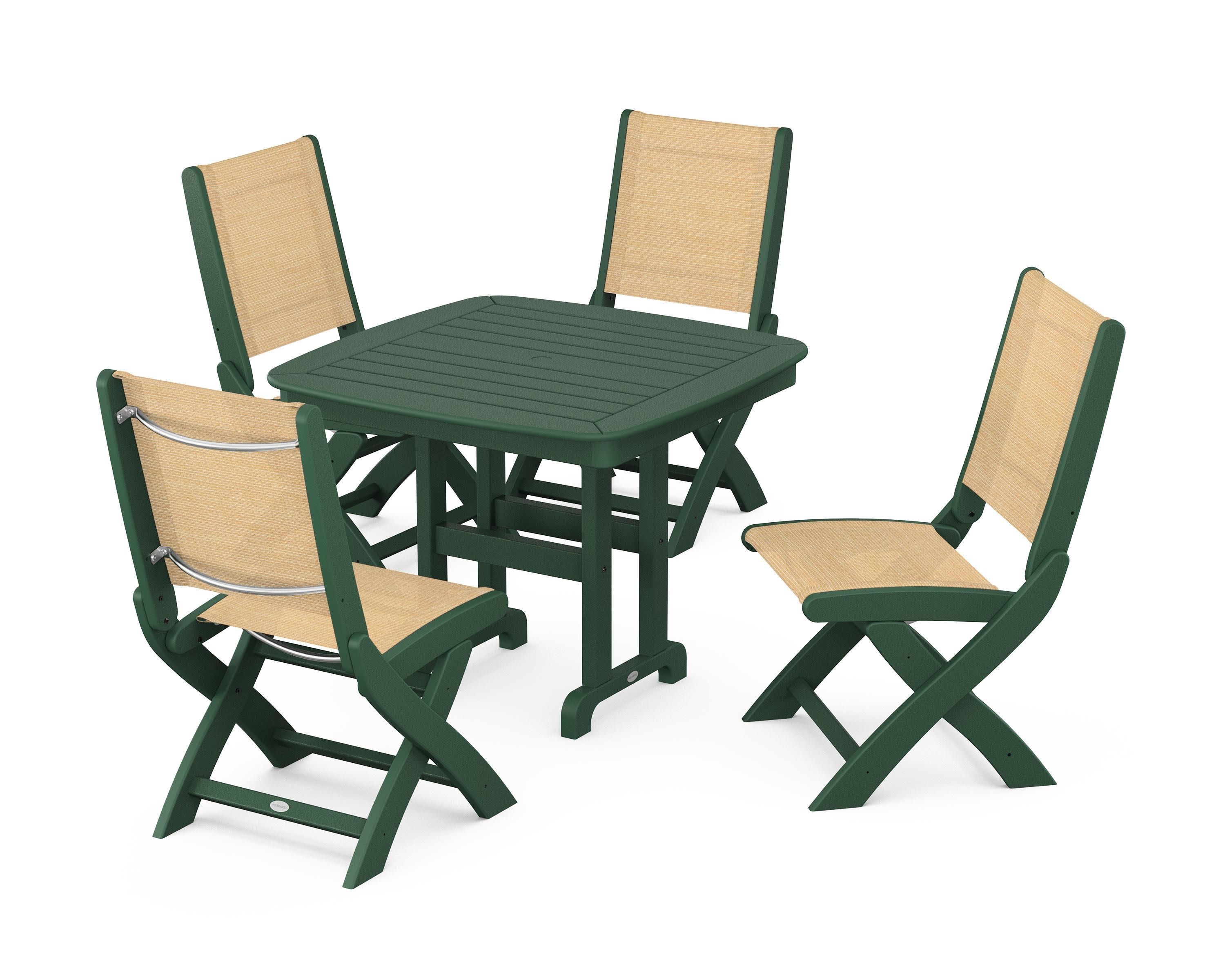 Coastal Folding Side Chair 5-Piece Dining Set in Green / Dupioni Apricot Sling