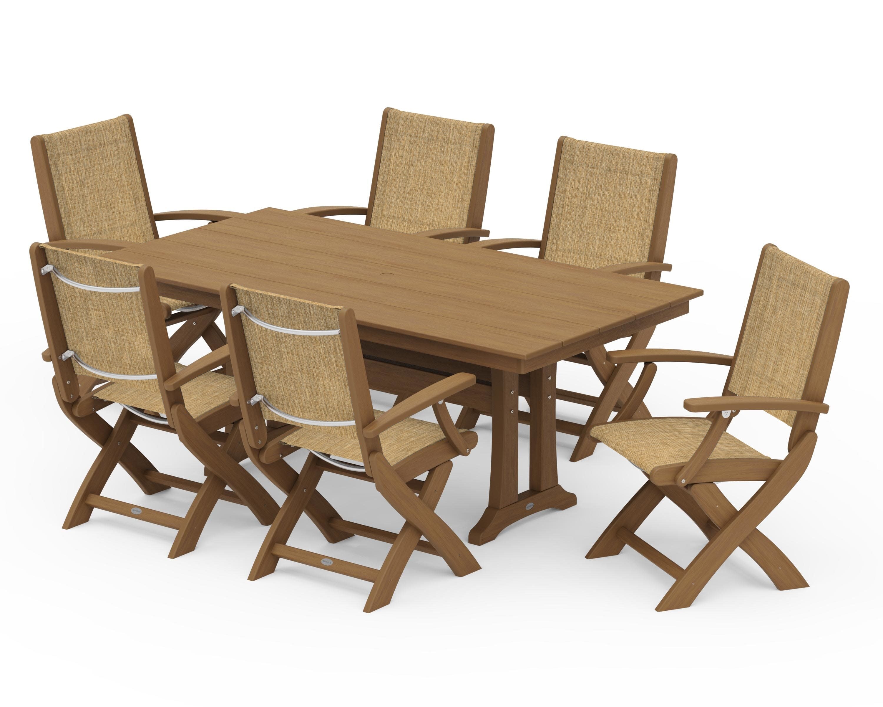 Coastal Folding Arm Chair 7-Piece Farmhouse Dining Set with Trestle Legs in Natural / Burlap Sling