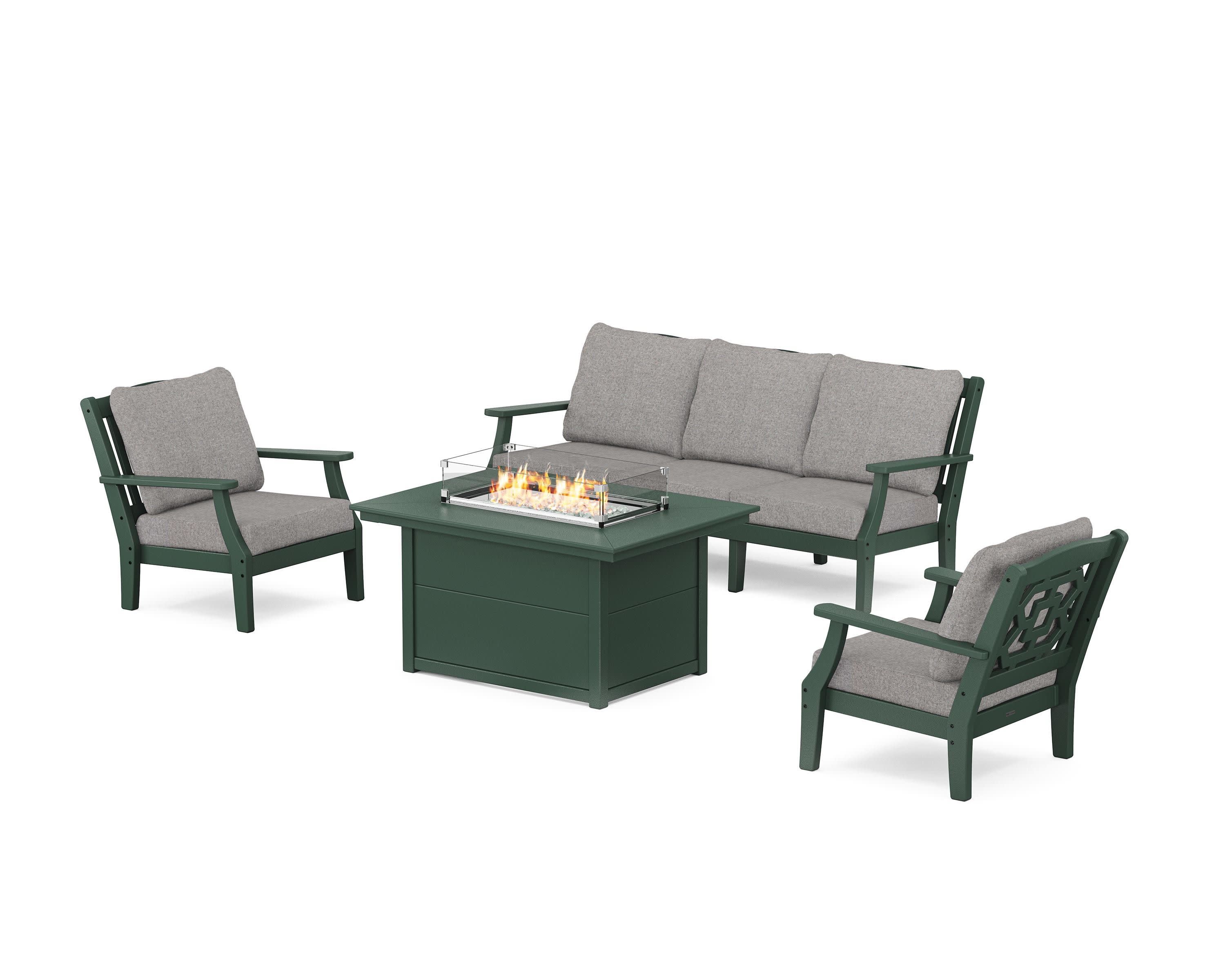 Chinoiserie Deep Seating Fire Pit Table Set in Green / Grey Mist