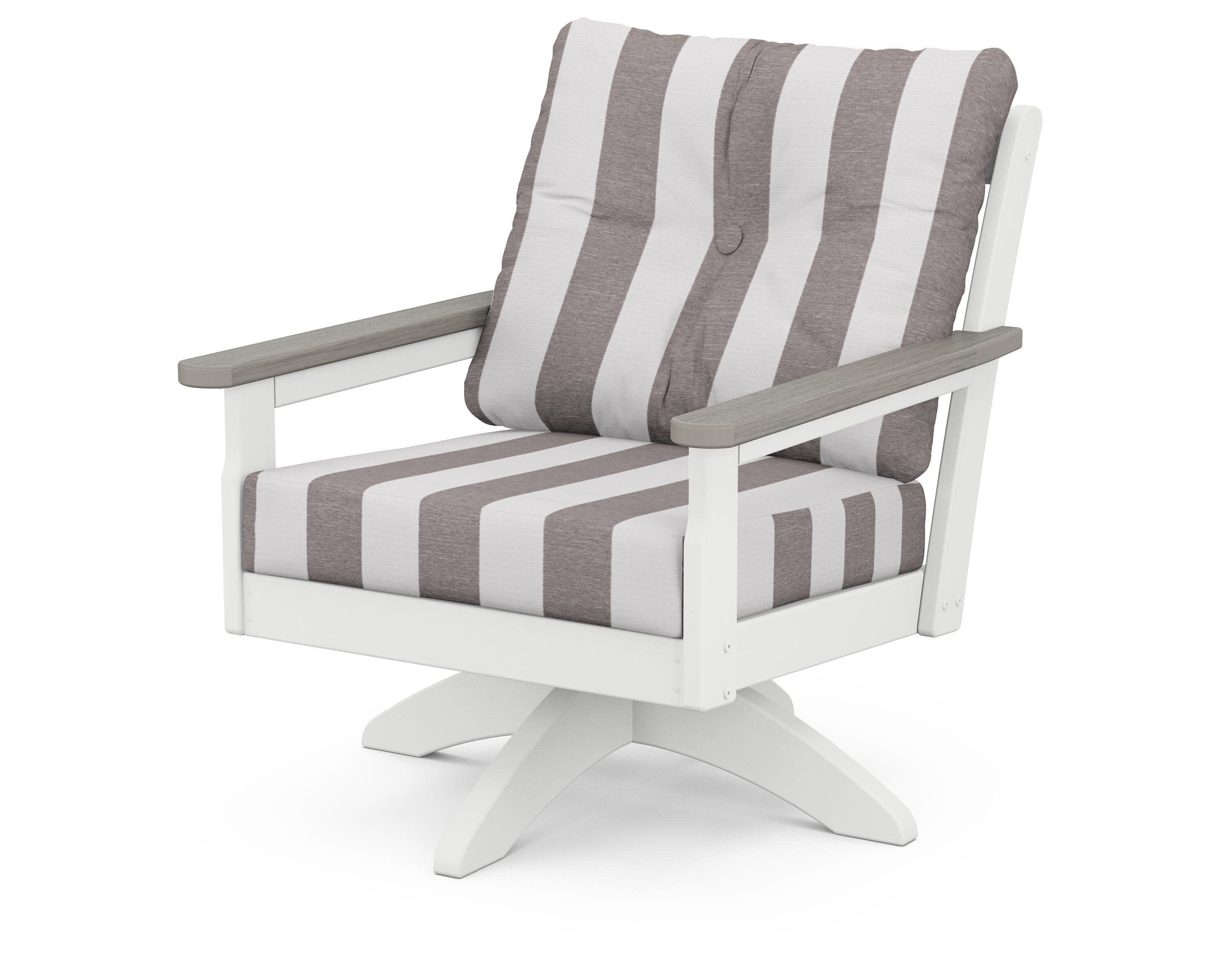 Vineyard Deep Seating Swivel Chair in White / Driftwood / Cabana Stripe Grey Mist