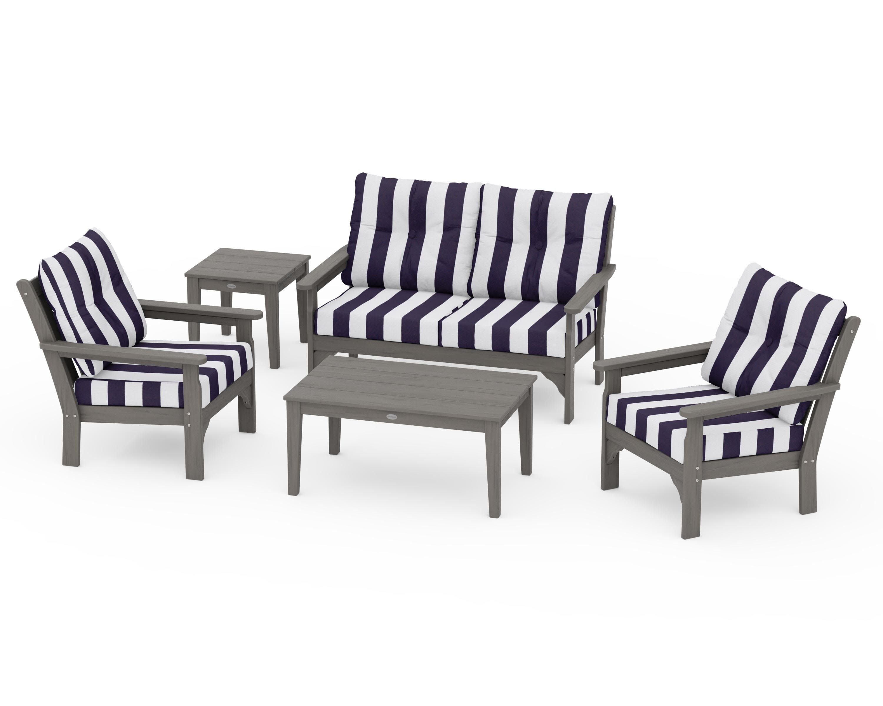 Vineyard 5-Piece Deep Seating Set in Driftwood / Cabana Stripe Navy