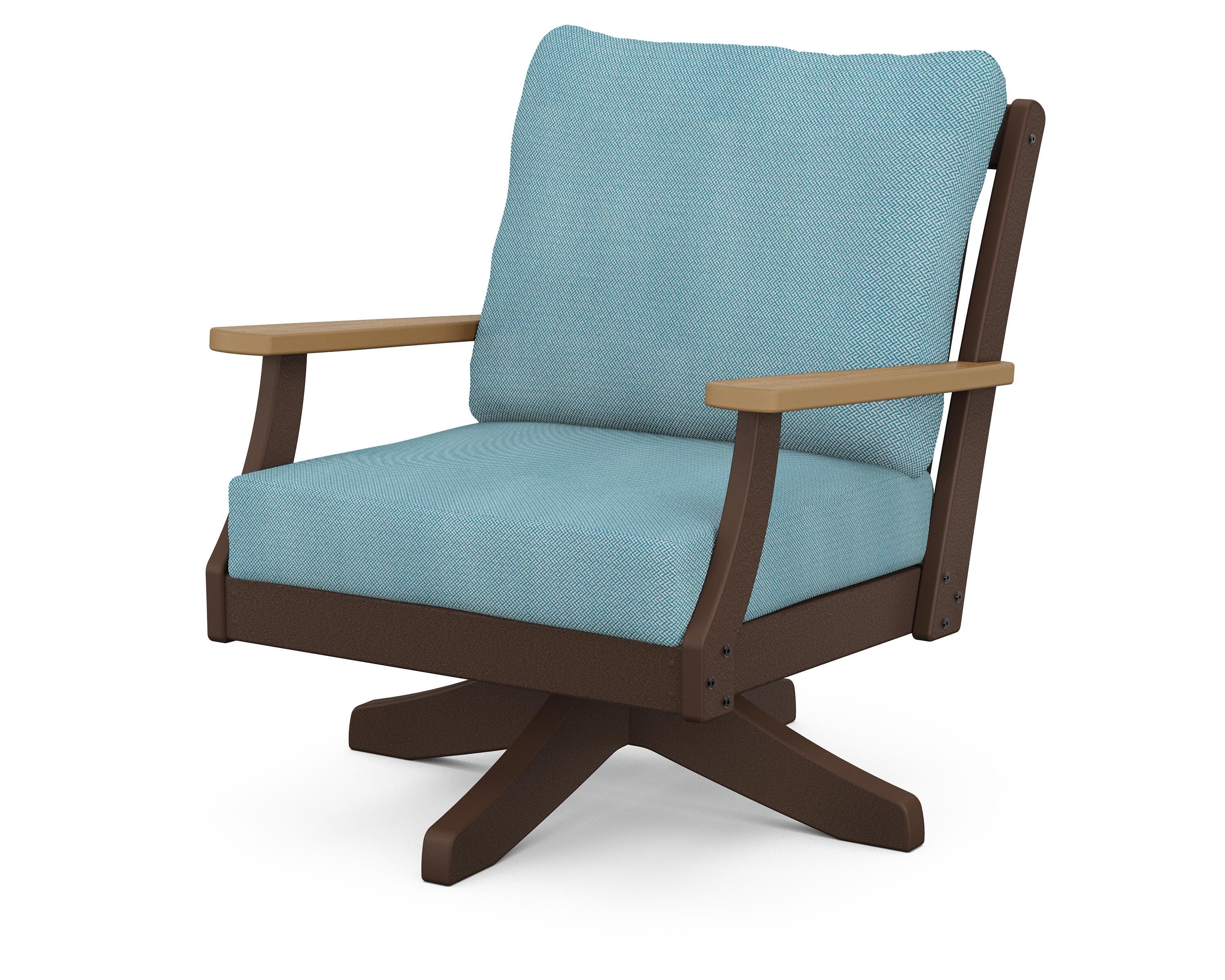 Braxton Deep Seating Swivel Chair in Mahogany / Natural / Lattice Sky Blue