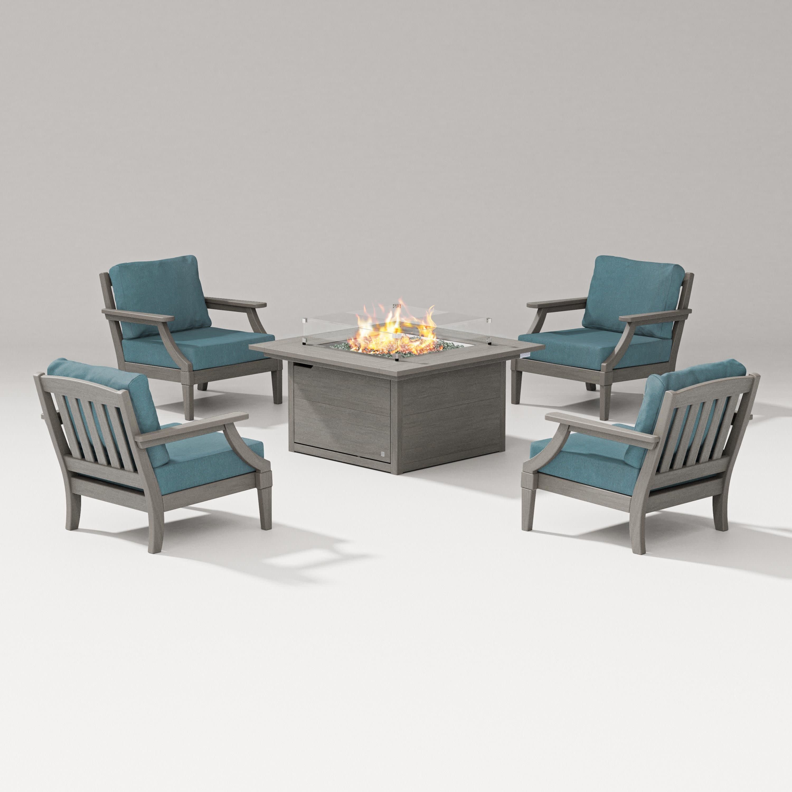 Estate 5-Piece Lounge Fire Table Set in Driftwood / Ocean Teal