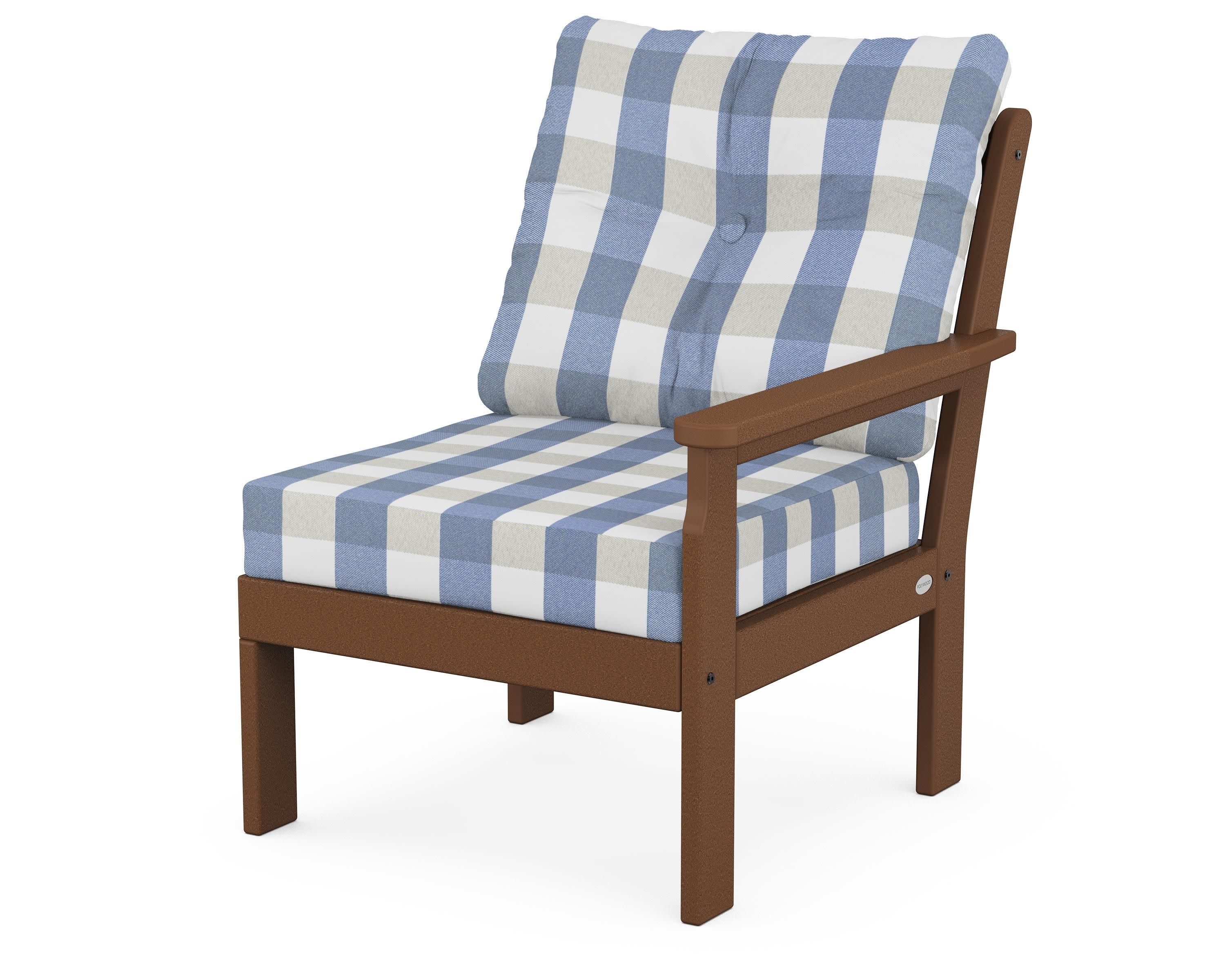 Vineyard Modular Right Arm Chair in Teak / Buffalo Plaid Sky Blue